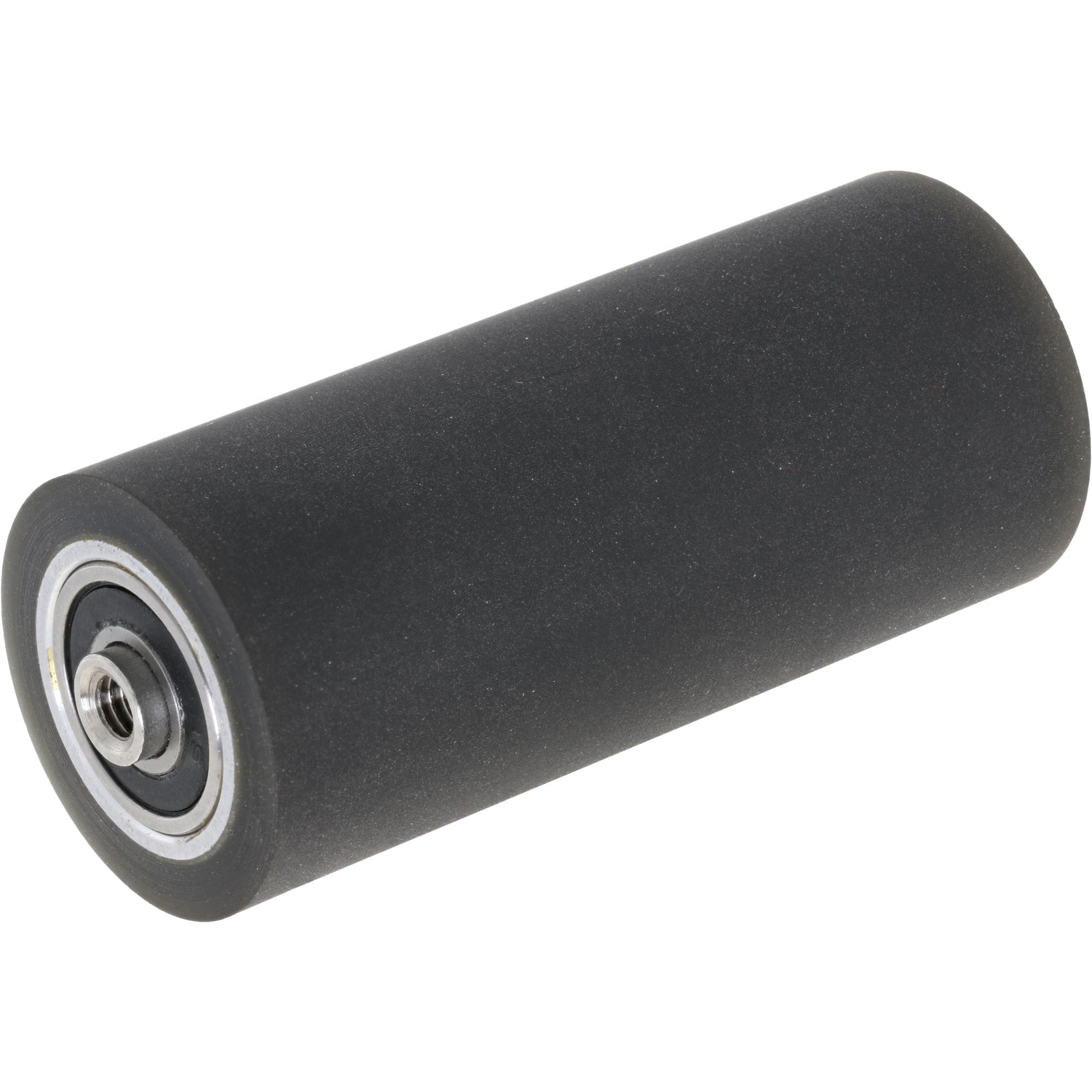 Black rubber roller, stainless steel center shaft and bearing on its side on a white background. 
