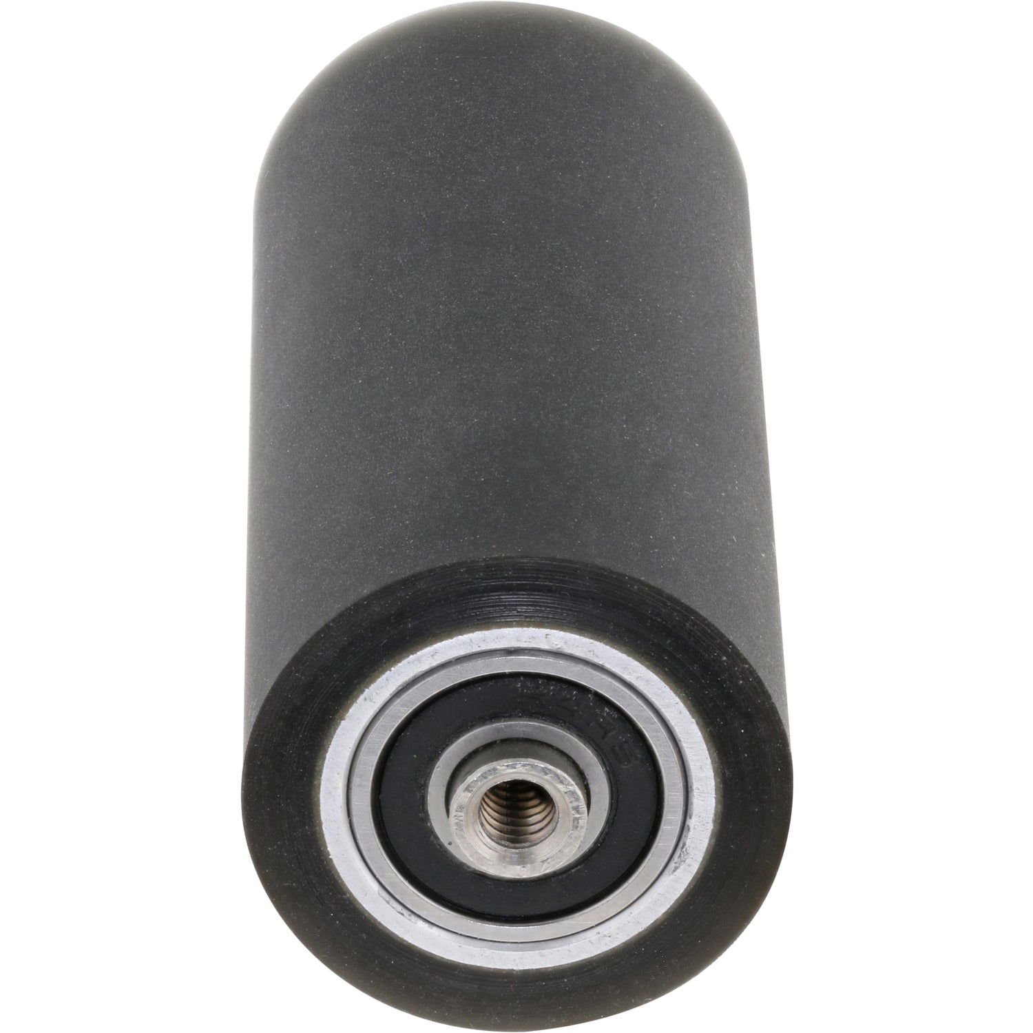 Black rubber roller, stainless steel center shaft and bearing on its side on a white background. 