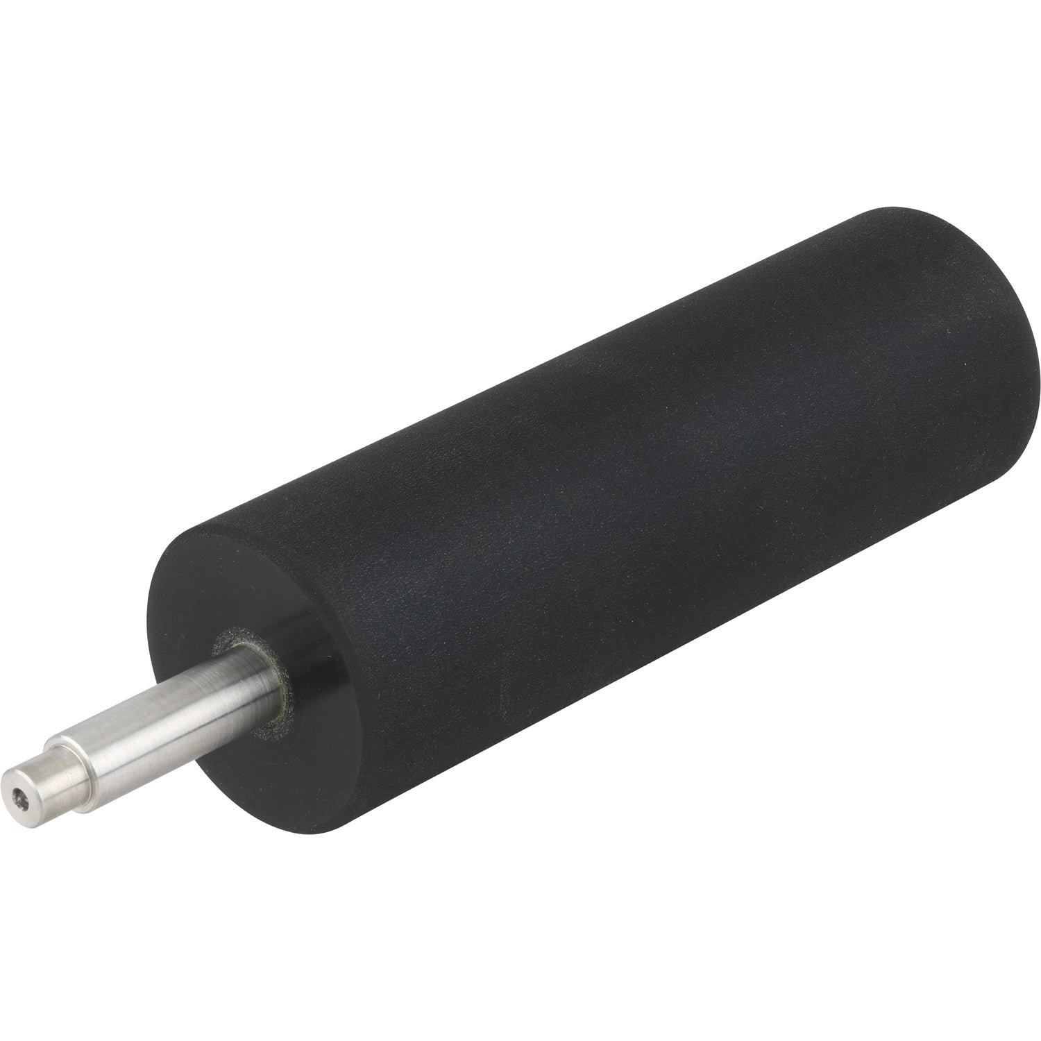 Black cylindrical rubber roller with stainless steel axle extending outward. Part shown on white background. 