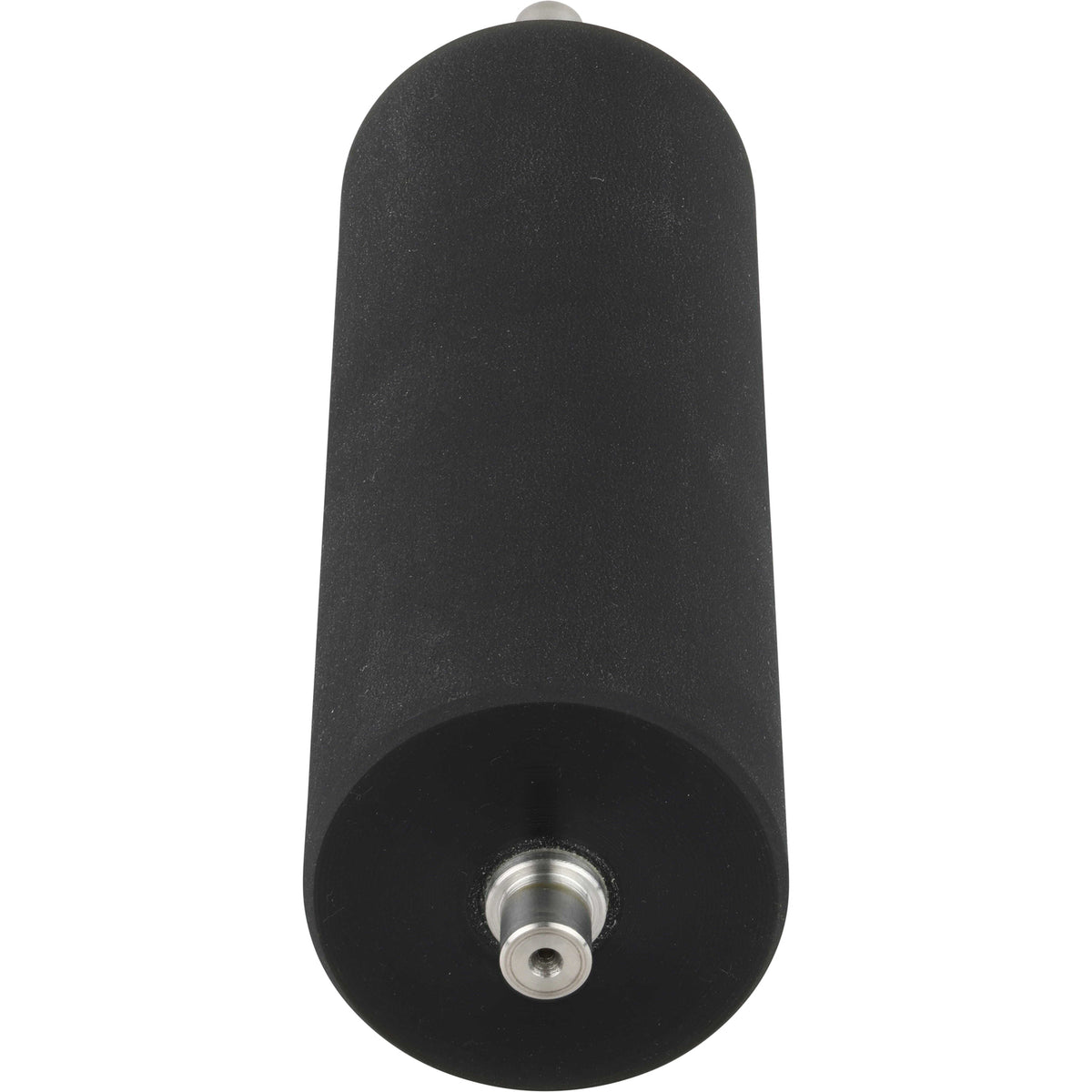 Black cylindrical rubber roller with stainless steel axle extending outward. Part shown on white background. 