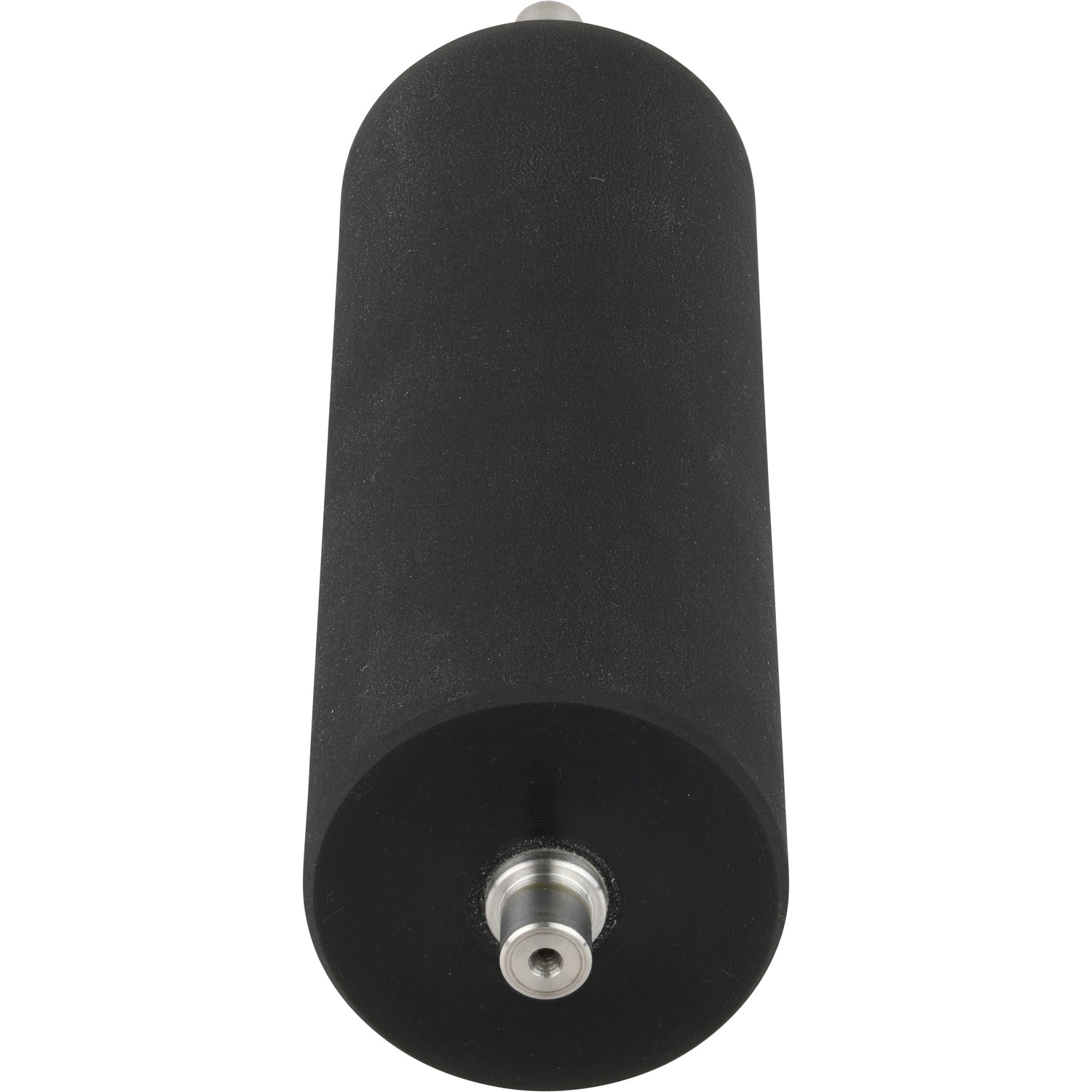 Black cylindrical rubber roller with stainless steel axle extending outward. Part shown on white background. 