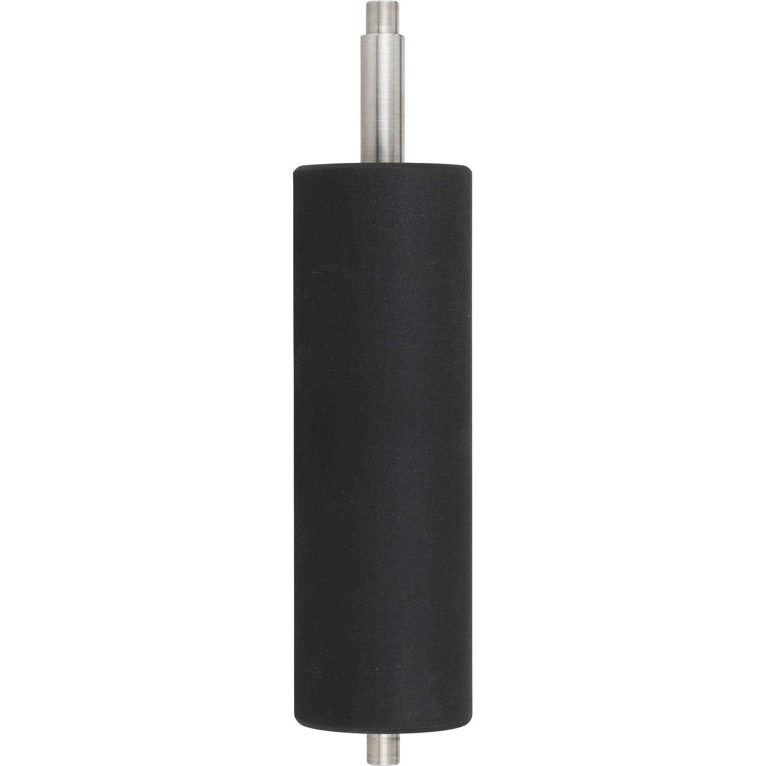 Black cylindrical rubber roller with stainless steel axle extending outward. Part shown on white background. 