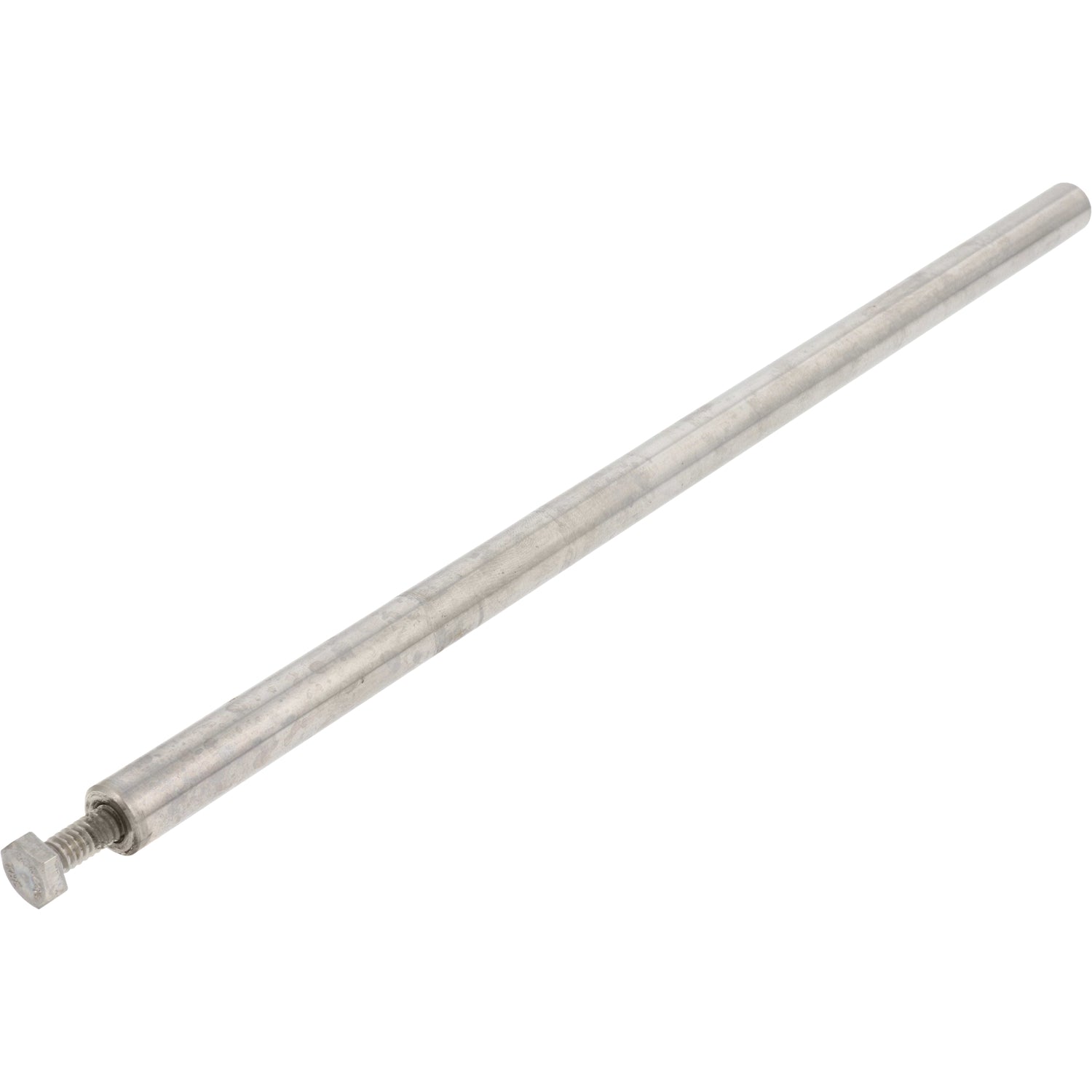 Stainless steel tapped linear motion shaft on white background.