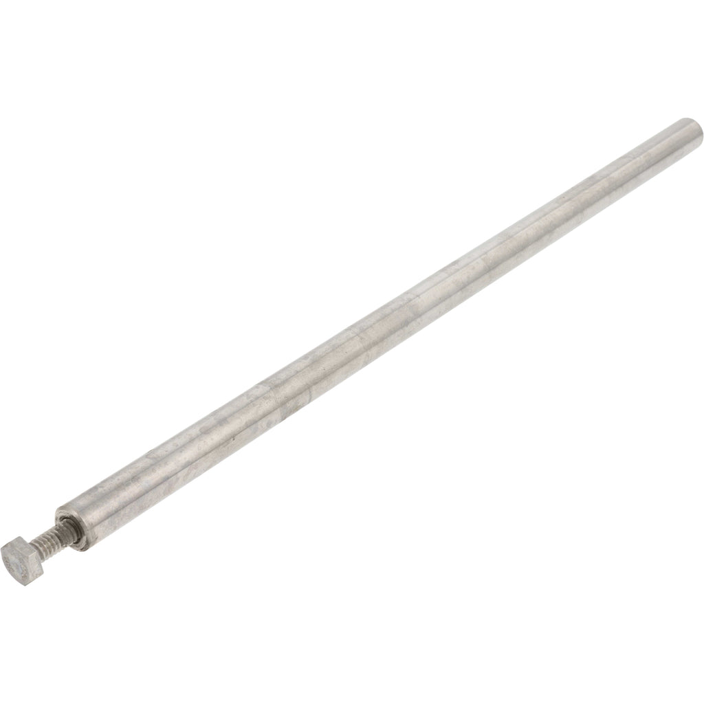 Stainless steel tapped linear motion shaft on white background.