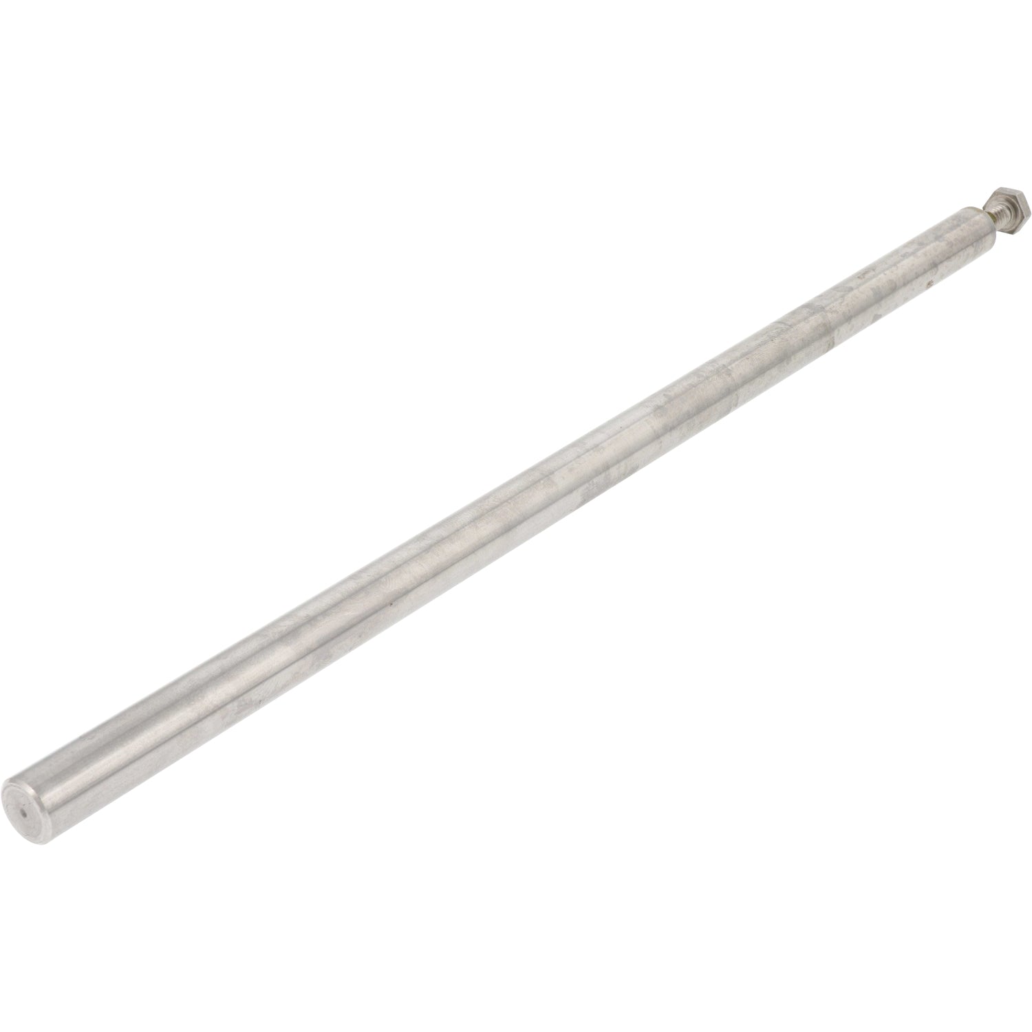 Stainless steel tapped linear motion shaft on white background.