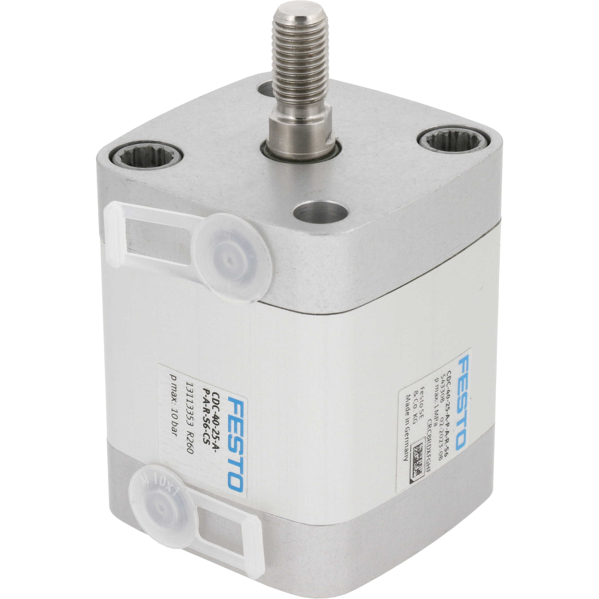 Compact cube shaped silver pneumatic cylinder shown on white background. 