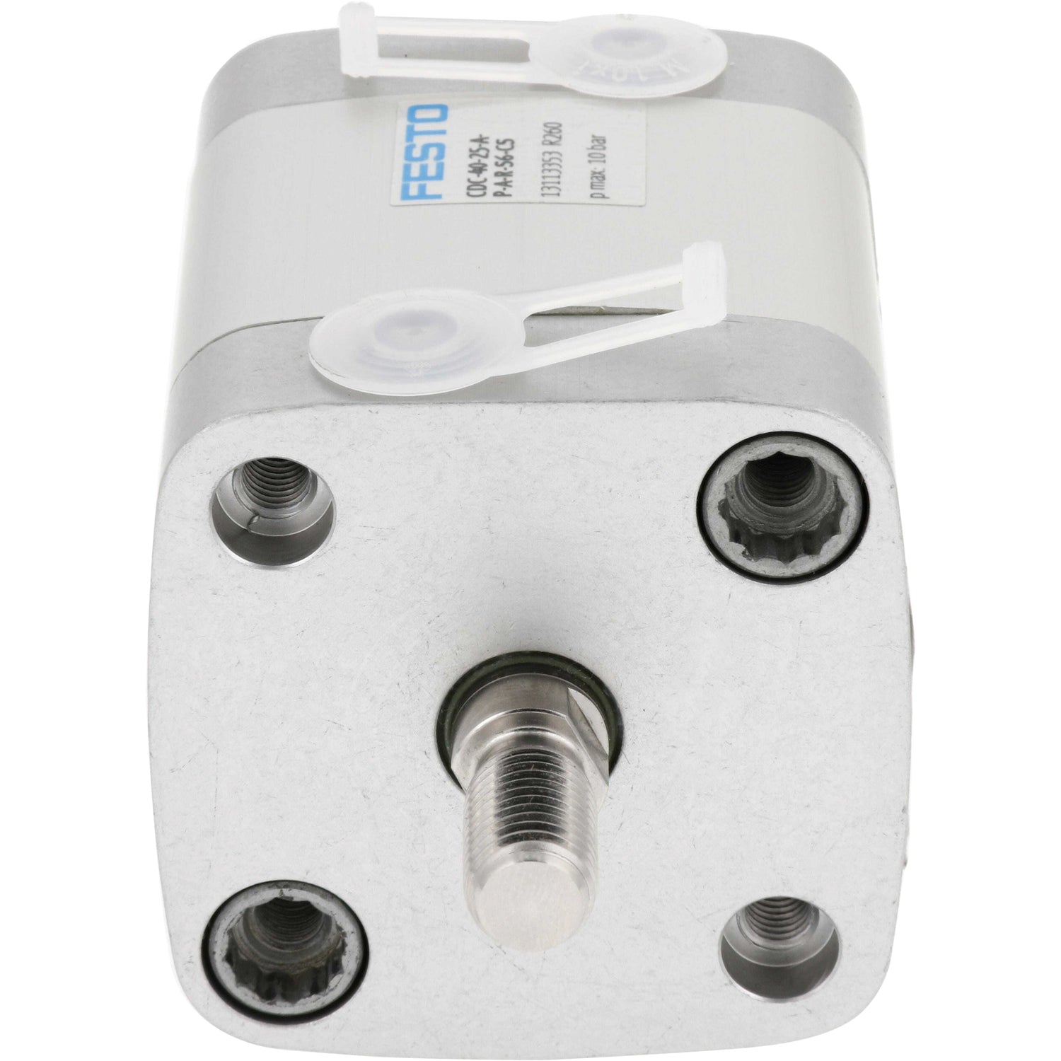 Compact cube shaped silver pneumatic cylinder shown on white background. 