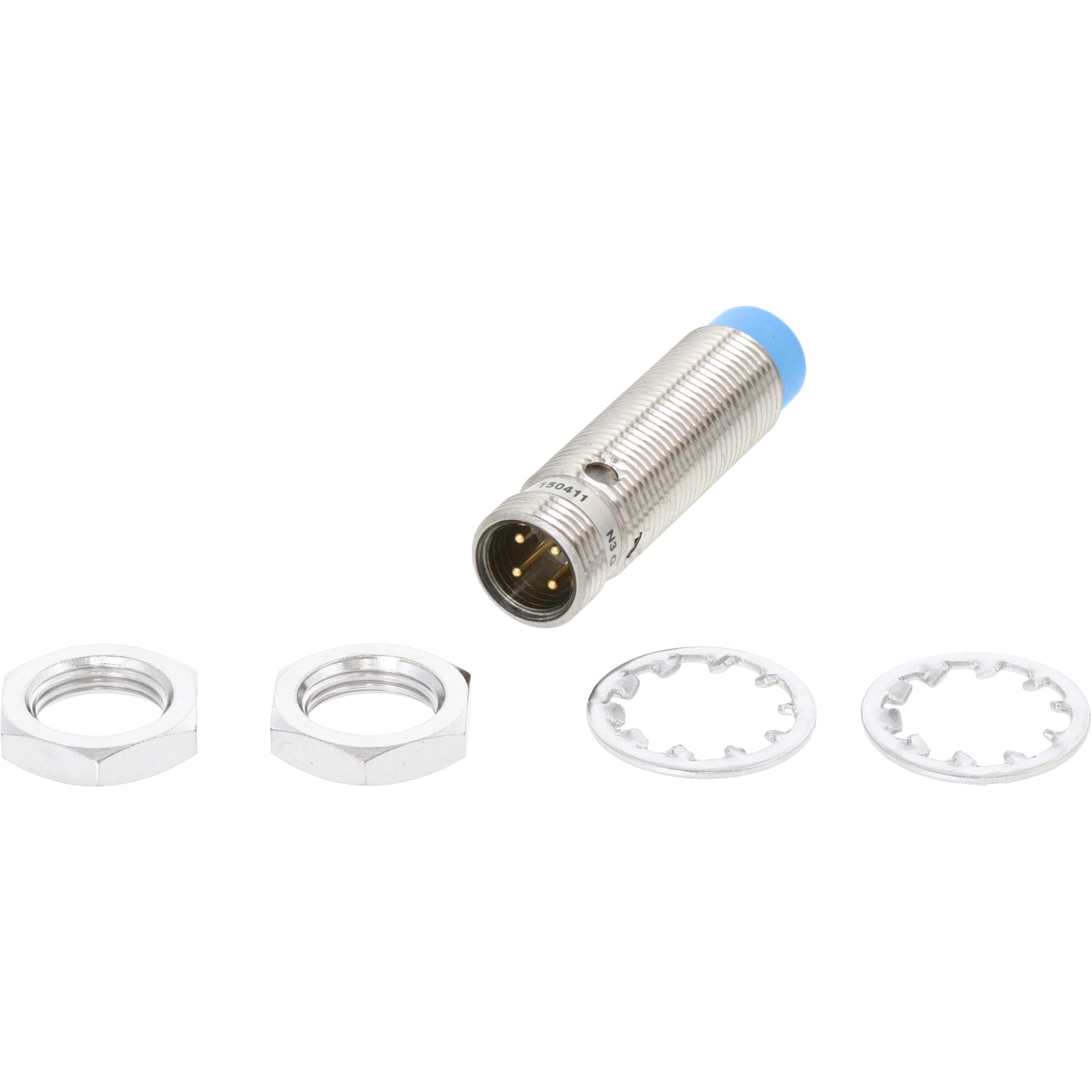 Blue tipped and threaded cylindrical proximity sensor with two hex nuts and star washers on white background. 