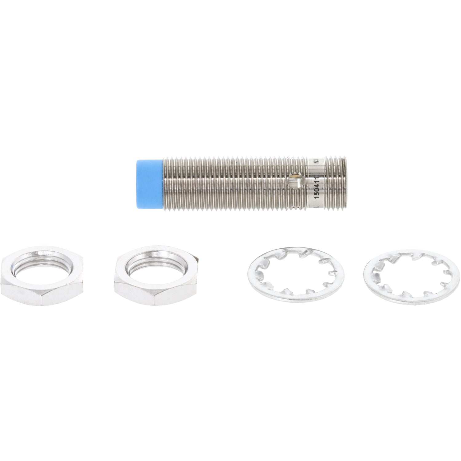 Blue tipped and threaded cylindrical proximity sensor with two hex nuts and star washers on white background. 