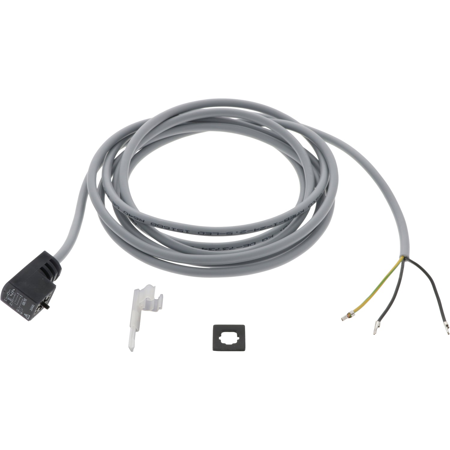 Grey coiled sensor cable with a black plug on one end and exposed wires on the other end. Shown on white background. 