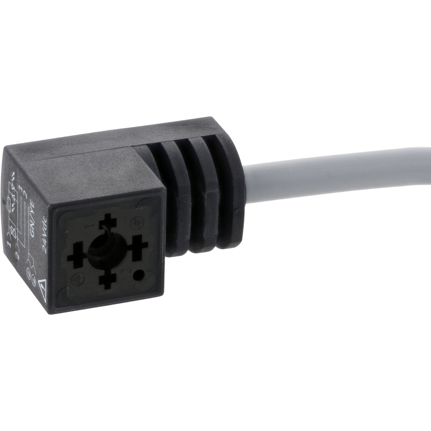 Black plastic plug connected to a grey cable on white background. 