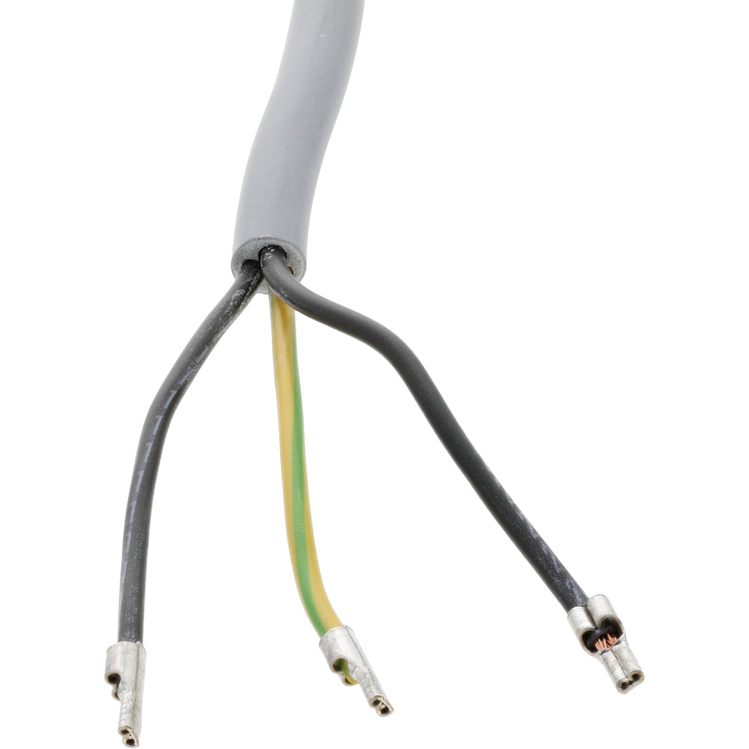 grey cable end with three exposed wires. There are two black wires and one wire that is yellow and green. The wires have ferules on them. Shown on white background.  