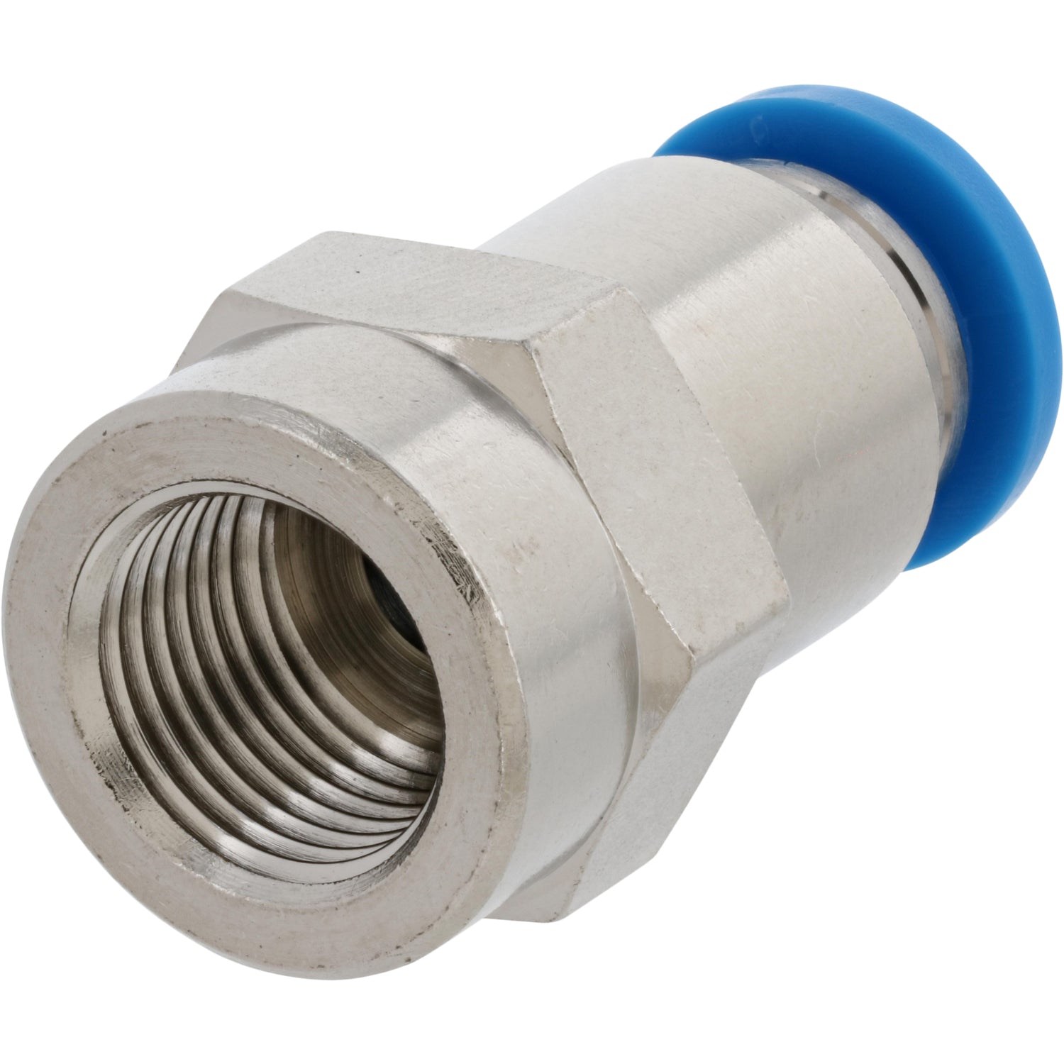 Push-in Fitting with blue press connect collar and exposed threads. Part shown on white background.