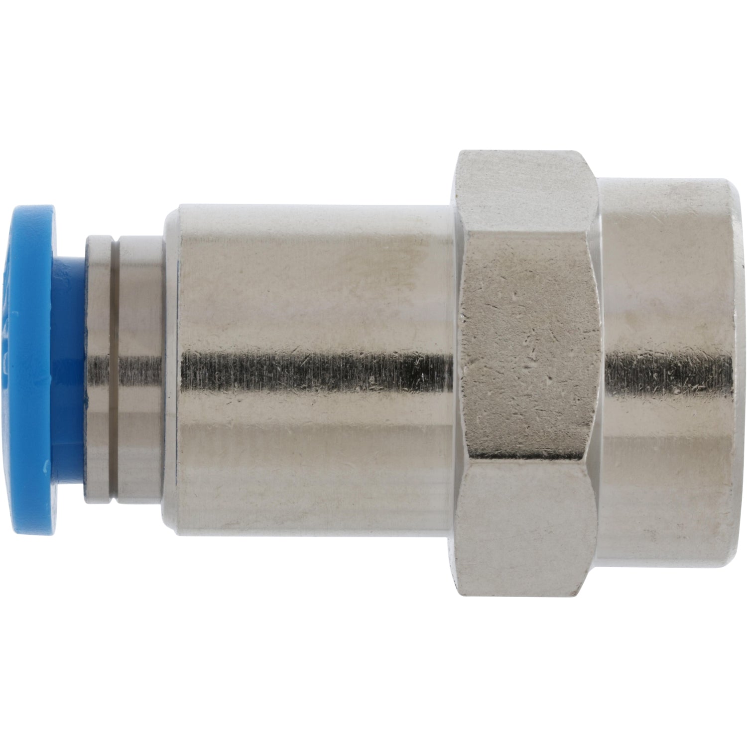 Push-in Fitting with blue press connect collar and exposed threads. Part shown on white background.