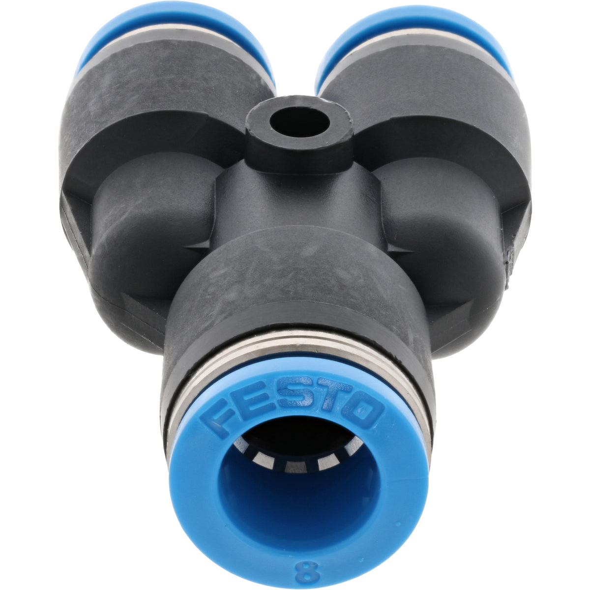 Black and blue plastic push connect Y-fitting. The part is showing one open blue port with "Festo" and the number eight stamped into the plastic. Part is shown on white background. 