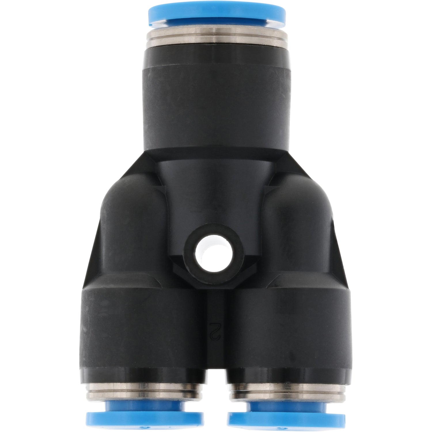 Black and blue plastic push connect Y-fitting. Part is shown on white background. 