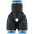 Black and blue plastic push connect Y-fitting. Part is shown on white background. 