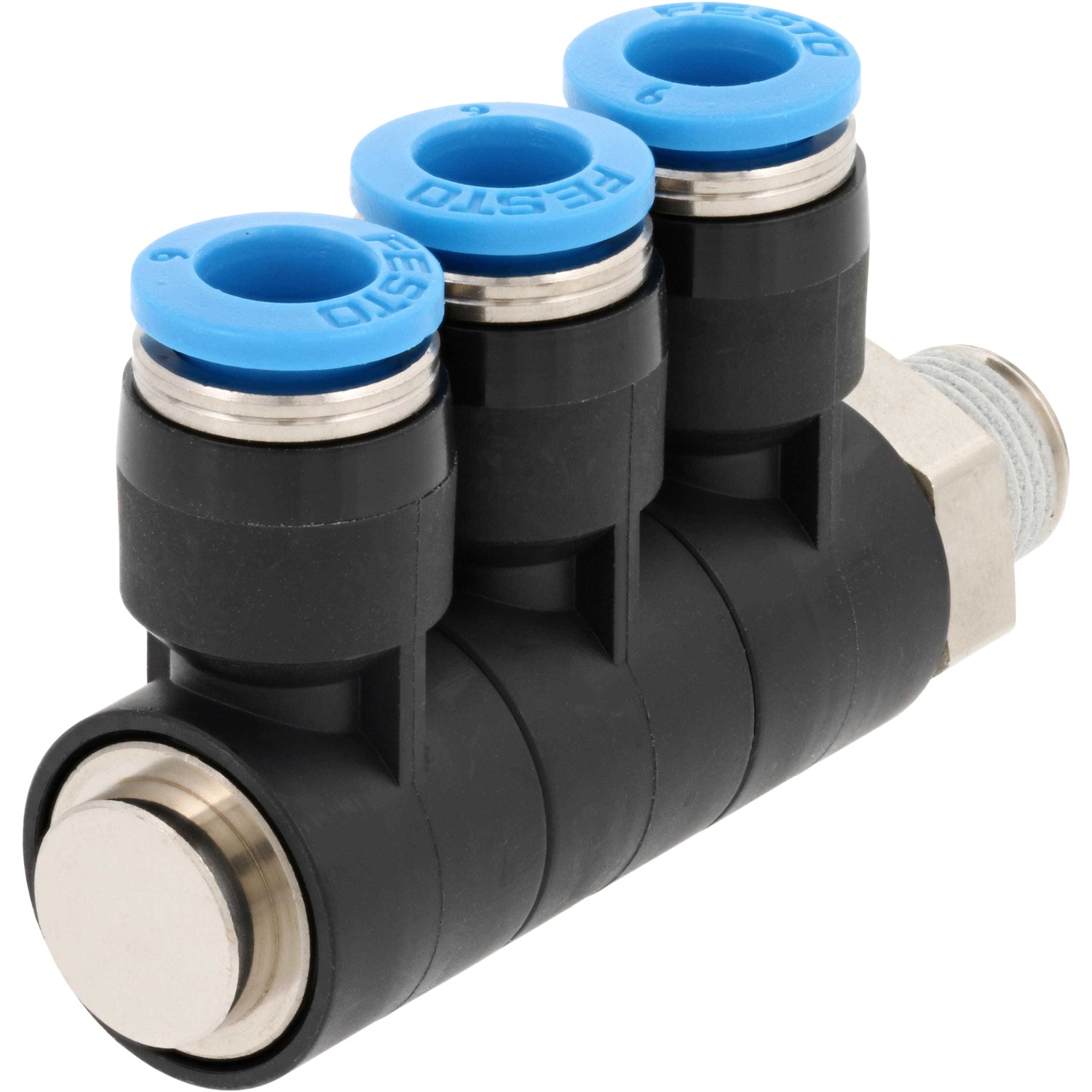 Black plastic multi distributor with nickel plated threads and blue plastic push collars. Part shown on white background. 
