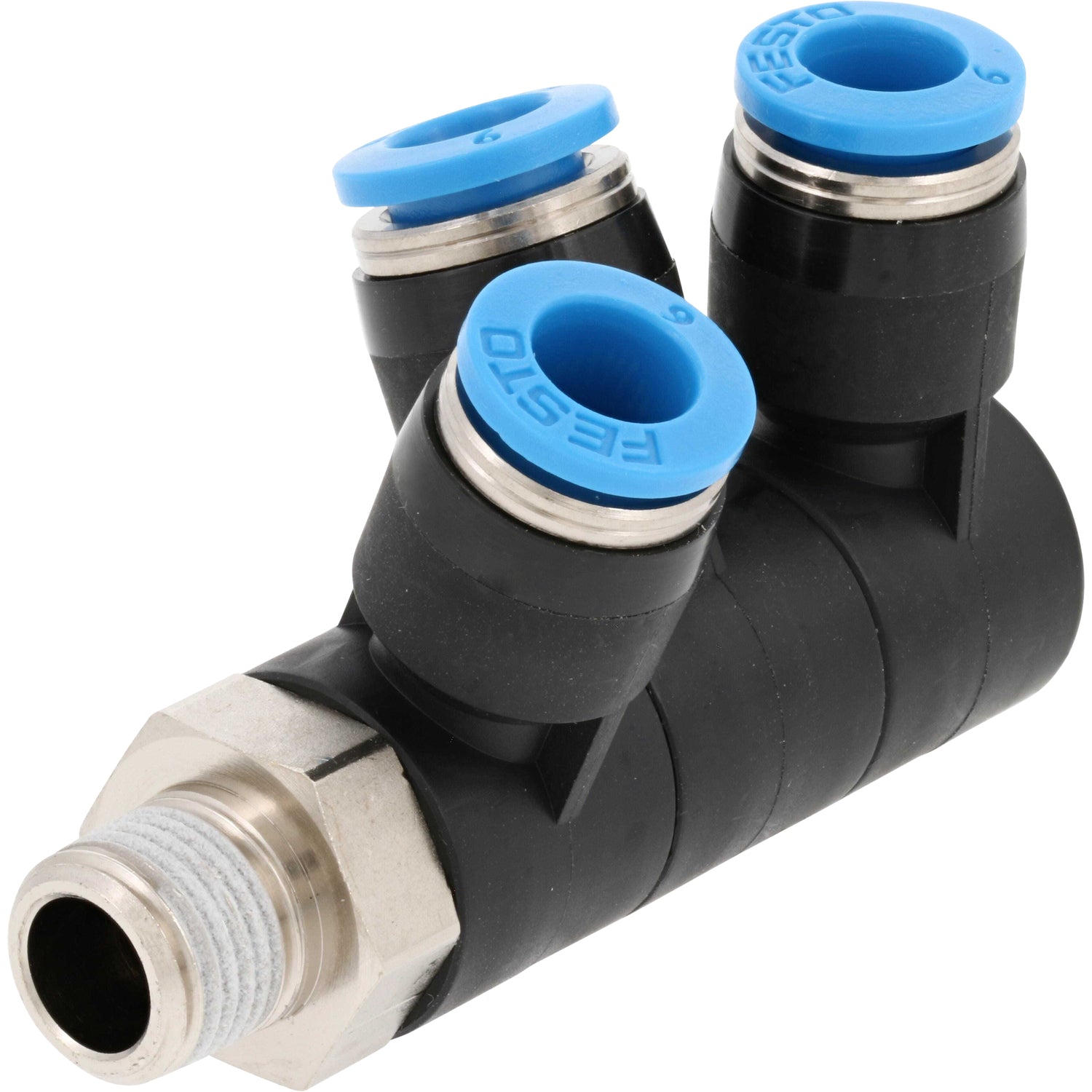 Black plastic multi distributor with nickel plated threads and blue plastic push collars. Part shown on white background. 