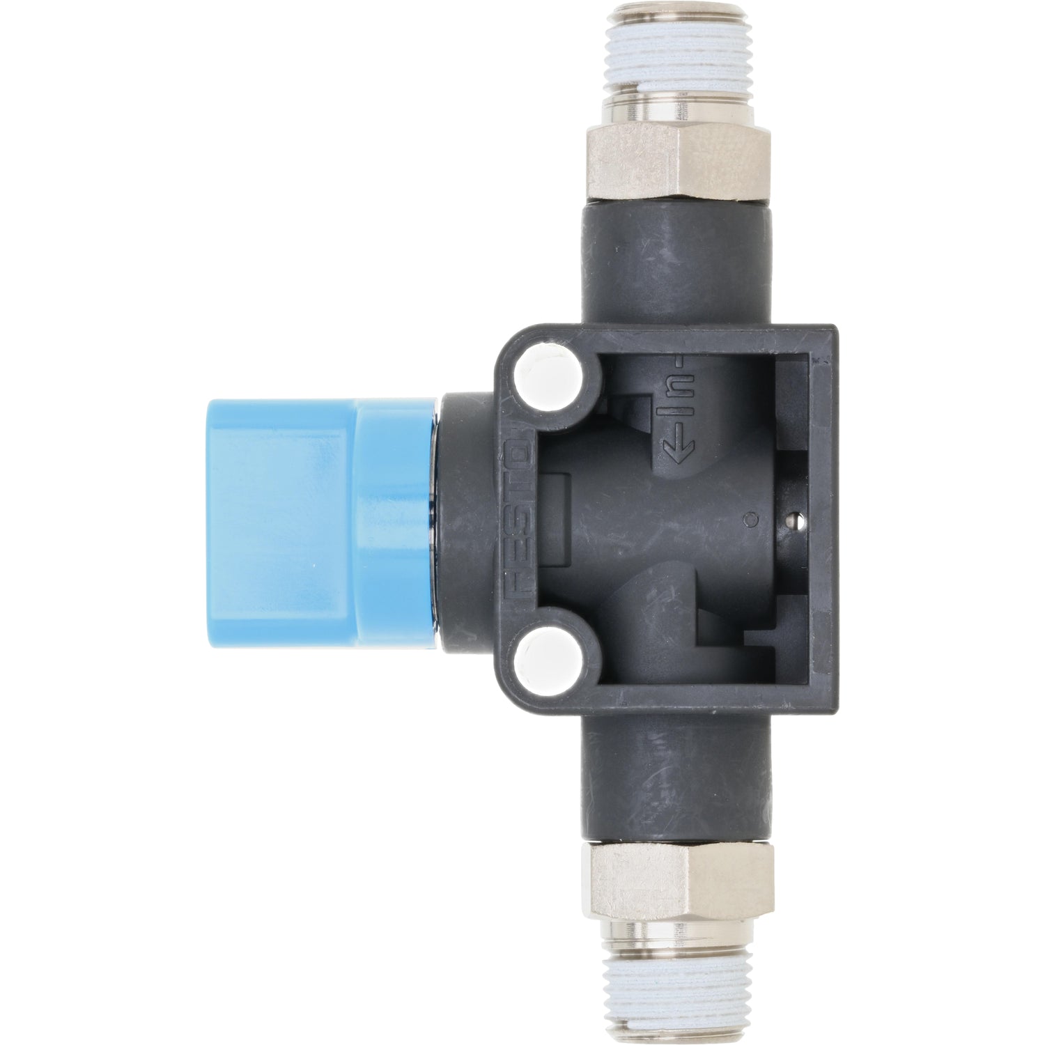 black plastic shut off valve with blue switch and threaded ends. Part shown on white background. 