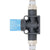 black plastic shut off valve with blue switch and threaded ends. Part shown on white background. 