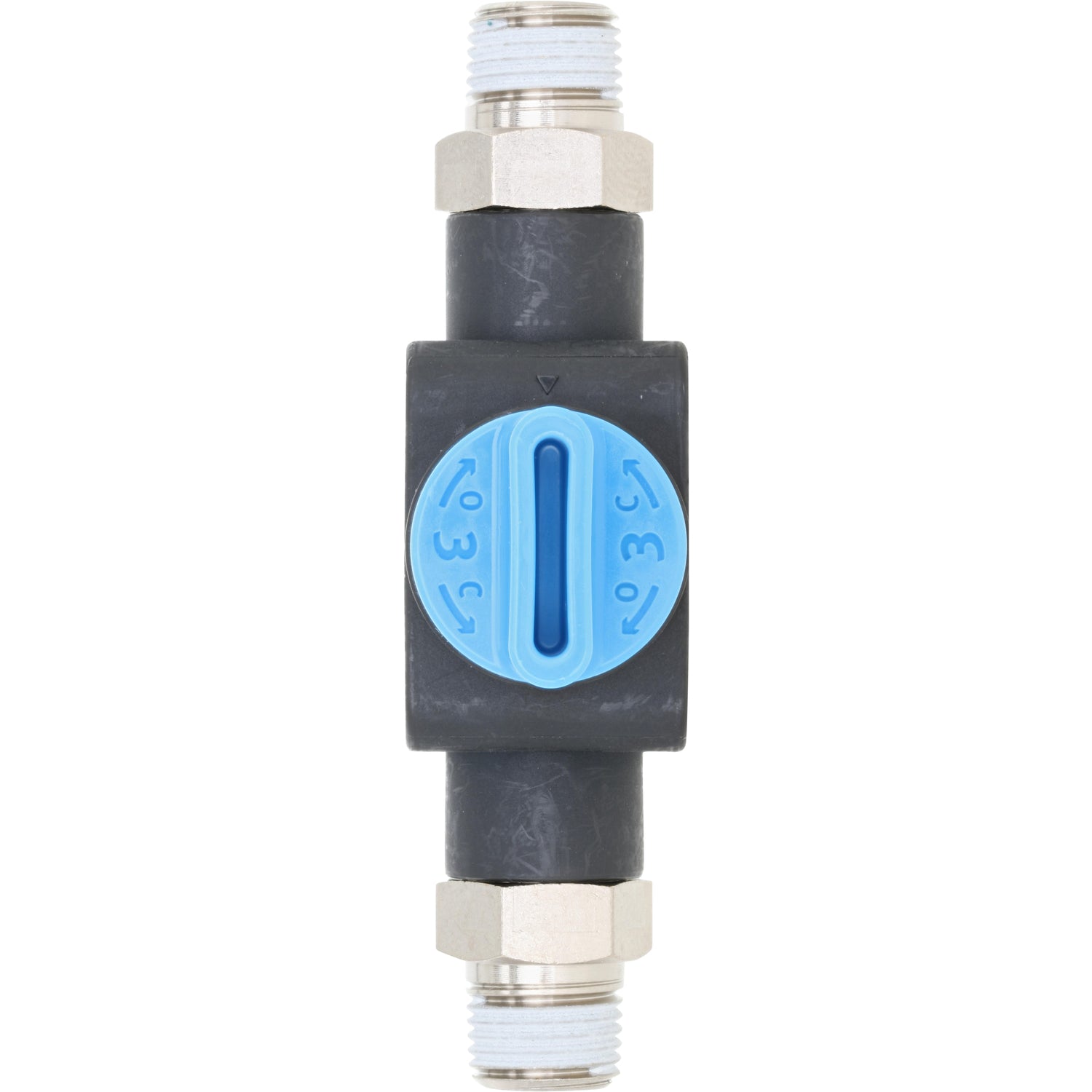 black plastic shut off valve with blue switch and threaded ends. Part shown on white background. 