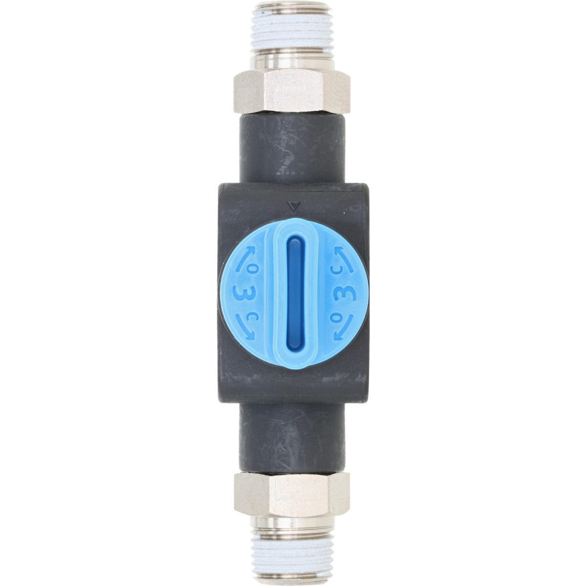 black plastic shut off valve with blue switch and threaded ends. Part shown on white background. 