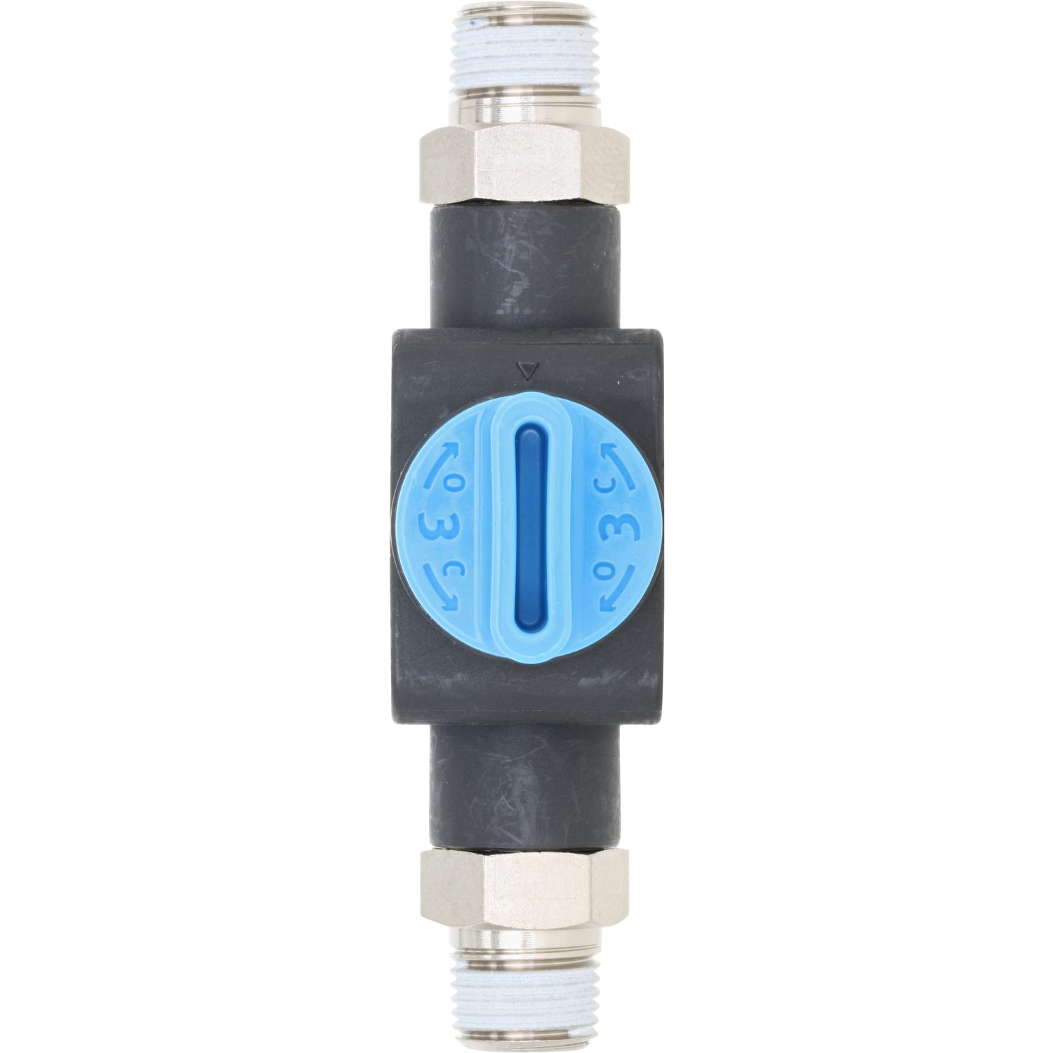 black plastic shut off valve with blue switch and threaded ends. Part shown on white background. 