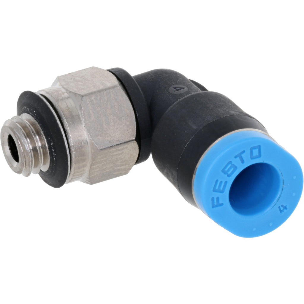 Black and blue L shaped push connect fitting with stainless steel mounting flats and M5 threads shown on white background.