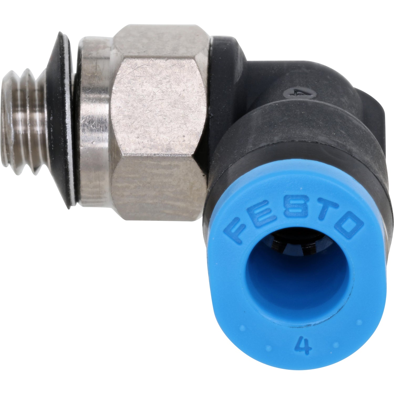 Black and blue L shaped push connect fitting with stainless steel mounting flats and M5 threads shown on white background.