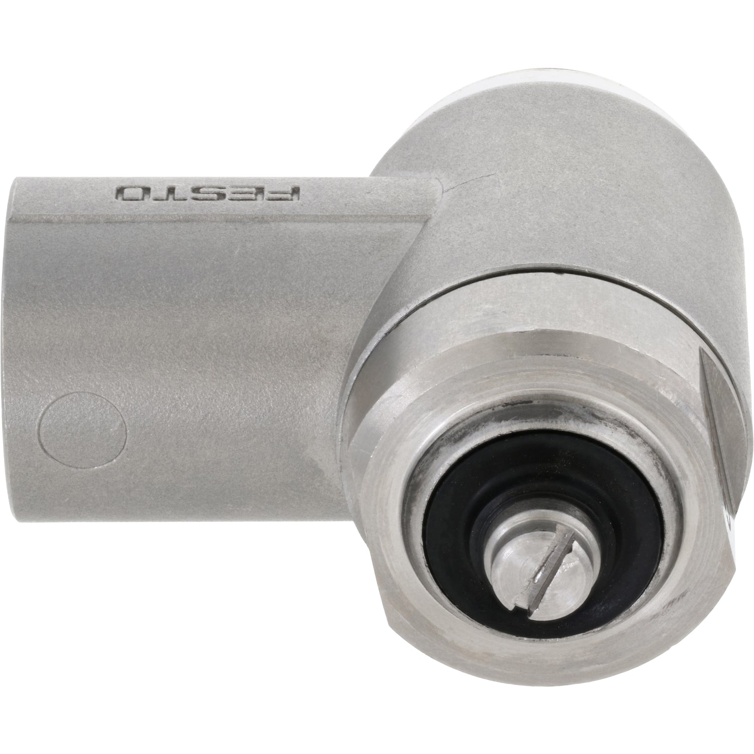 Stainless steel one-way flow control valve on white background. 