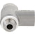 Stainless steel one-way flow control valve on white background. 