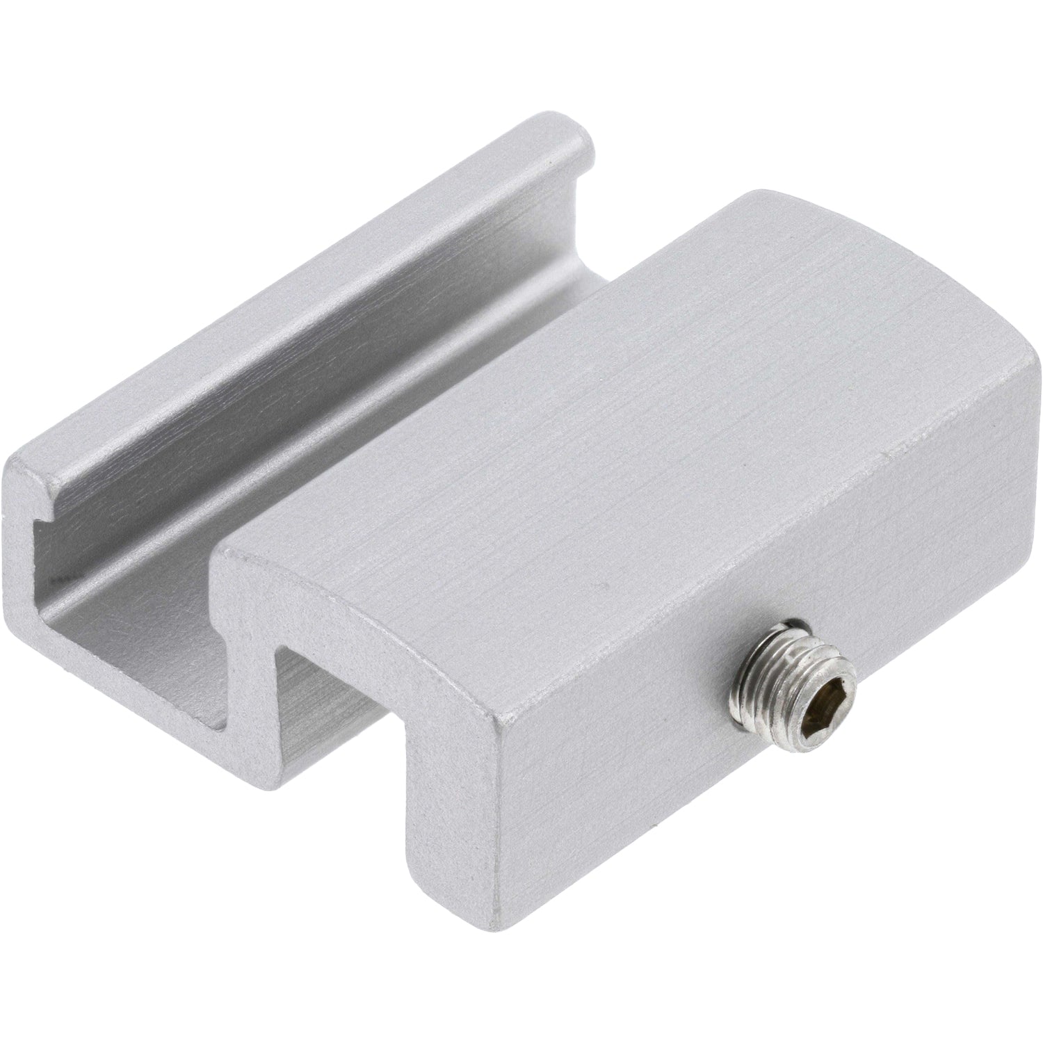 Grey hard anodized aluminum mounting bracket with threaded stainless steel set screw on white background. 