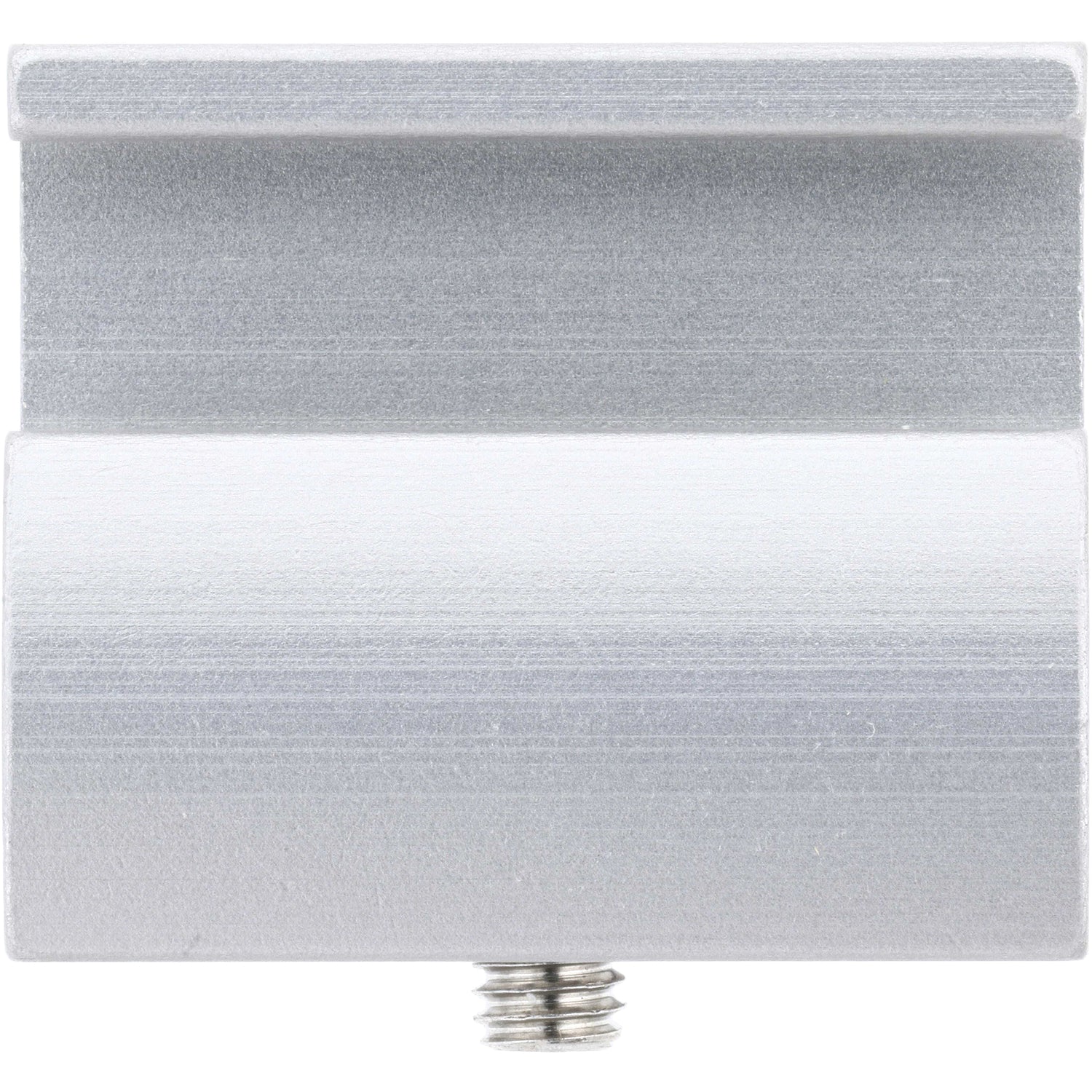 Grey hard anodized aluminum mounting bracket with threaded stainless steel set screw on white background.