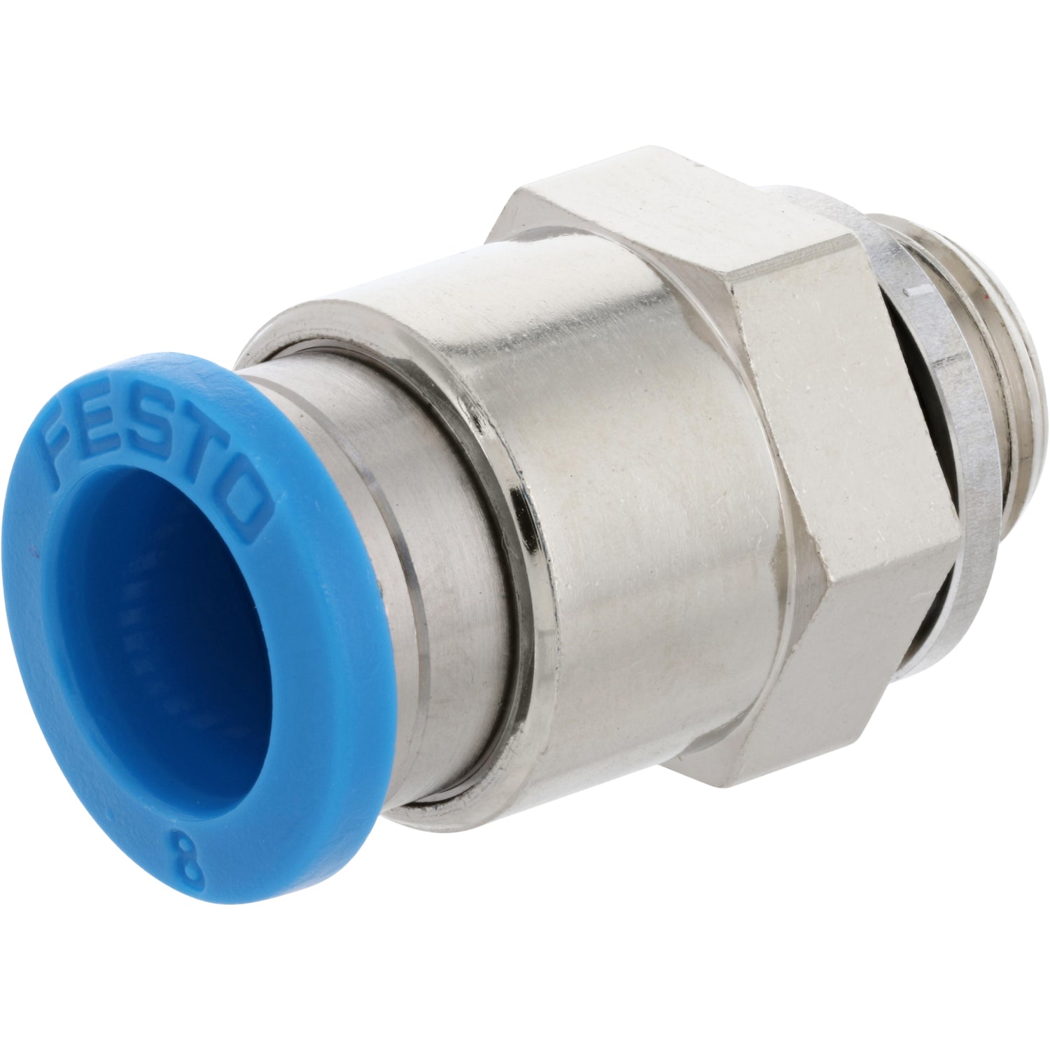 Nickel-plated push-in air fitting with blue collared releasing ring showing. Part on white background.