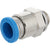 Nickel-plated push-in air fitting with blue collared releasing ring showing. Part on white background.