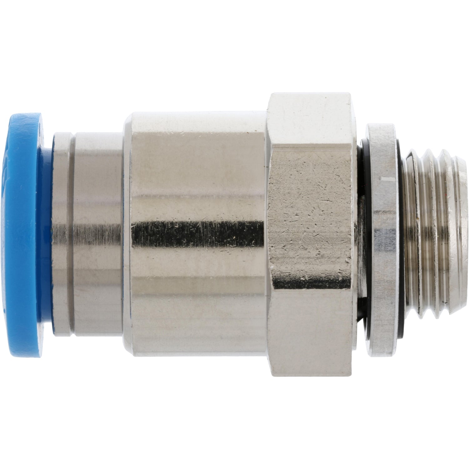 Nickel-plated push-in air fitting with threads and blue collared releasing ring showing. Part on white background.