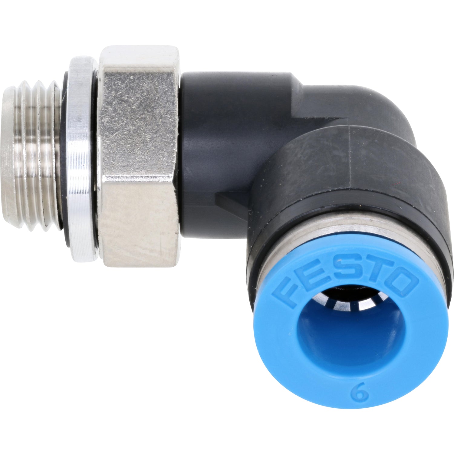 Black and blue plastic air fitting with stainless threads on white background. 
