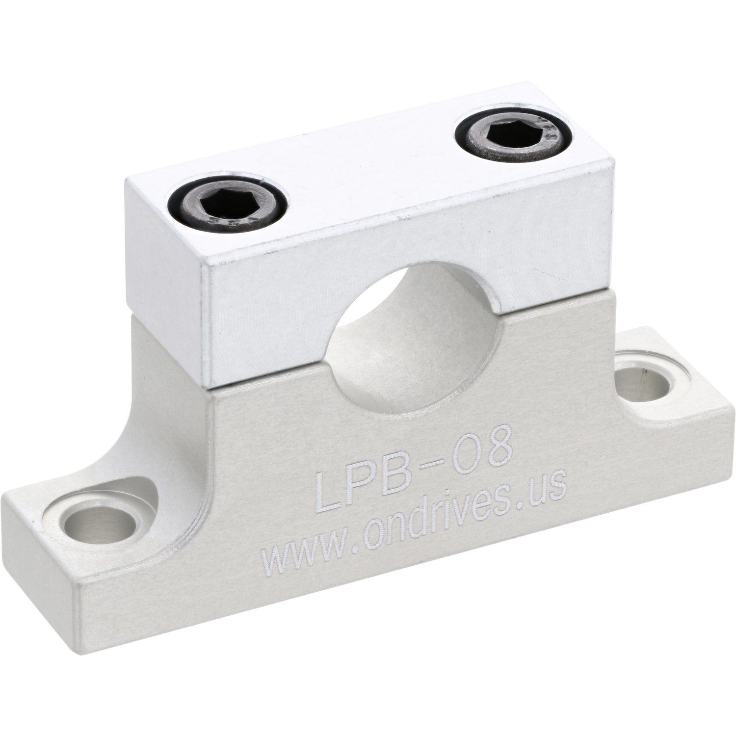 Aluminum easy access base mounted shaft support on white background. 