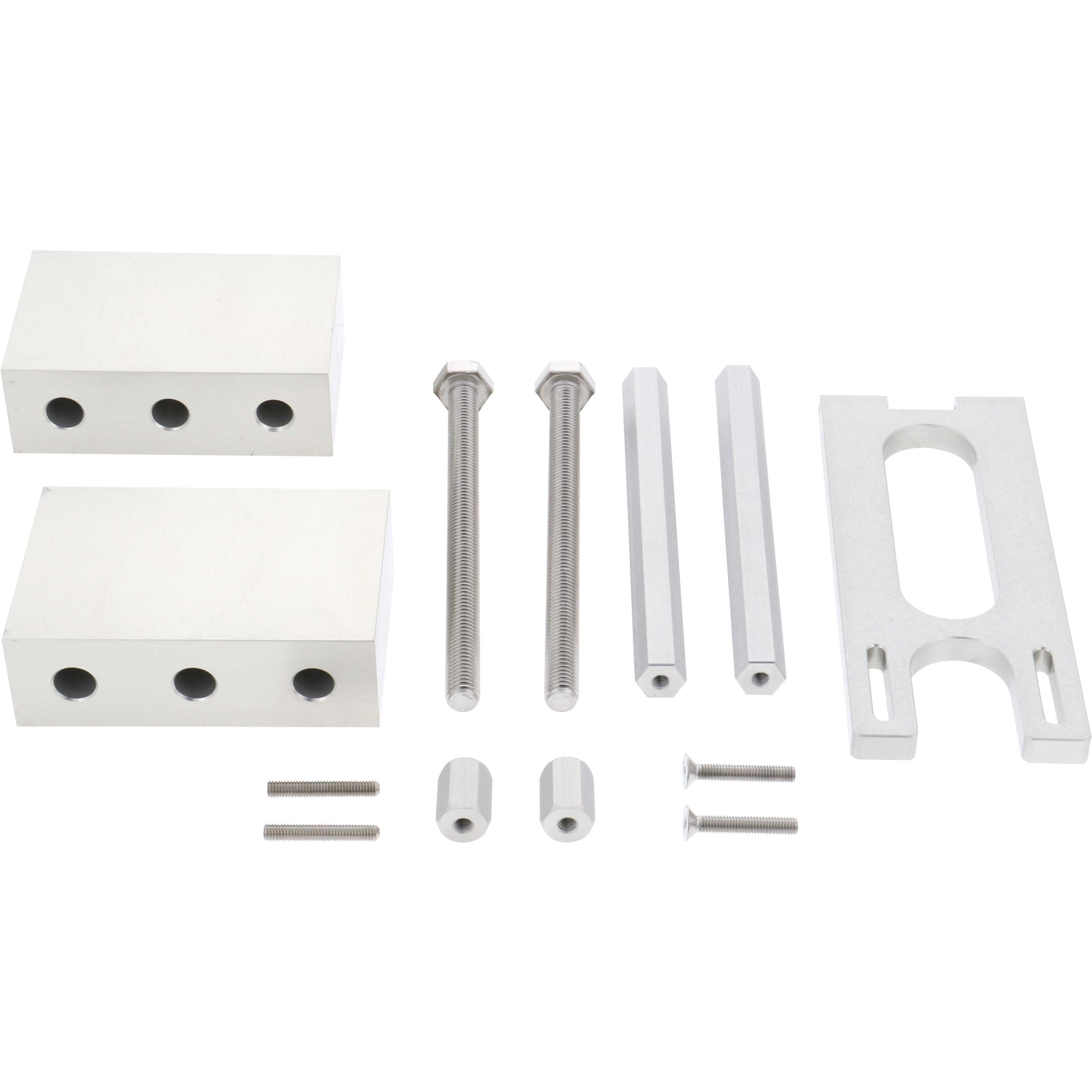 An assortment of small parts that include two hard anodized aluminum seamer blocks, four anodized aluminum threaded hexagonal standoffs, six stainless steel fasteners and one hard anodized aluminum sensor mounting bracket. All parts are shown on a white background