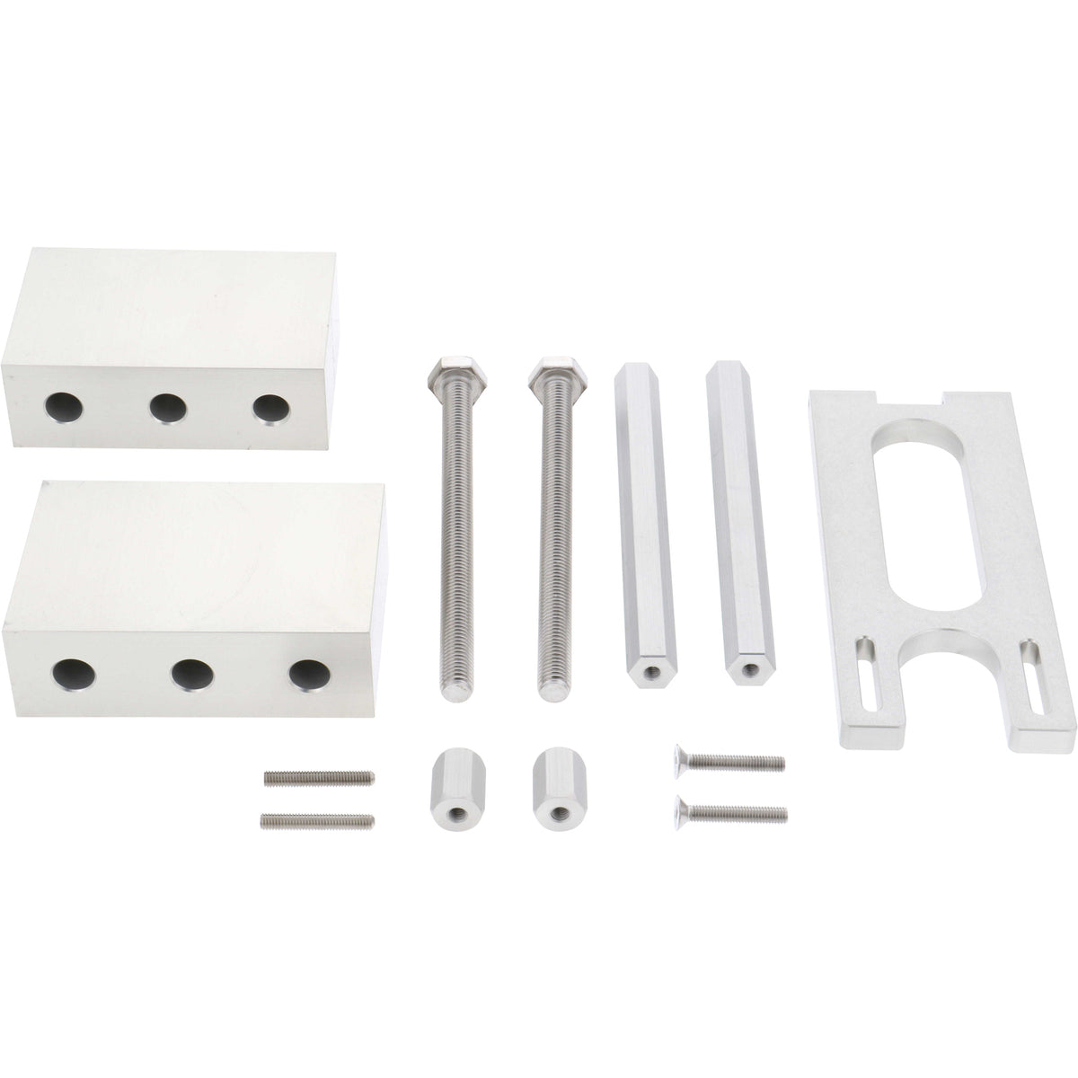 An assortment of small parts that include two hard anodized aluminum seamer blocks, four anodized aluminum threaded hexagonal standoffs, six stainless steel fasteners and one hard anodized aluminum sensor mounting bracket. All parts are shown on a white background