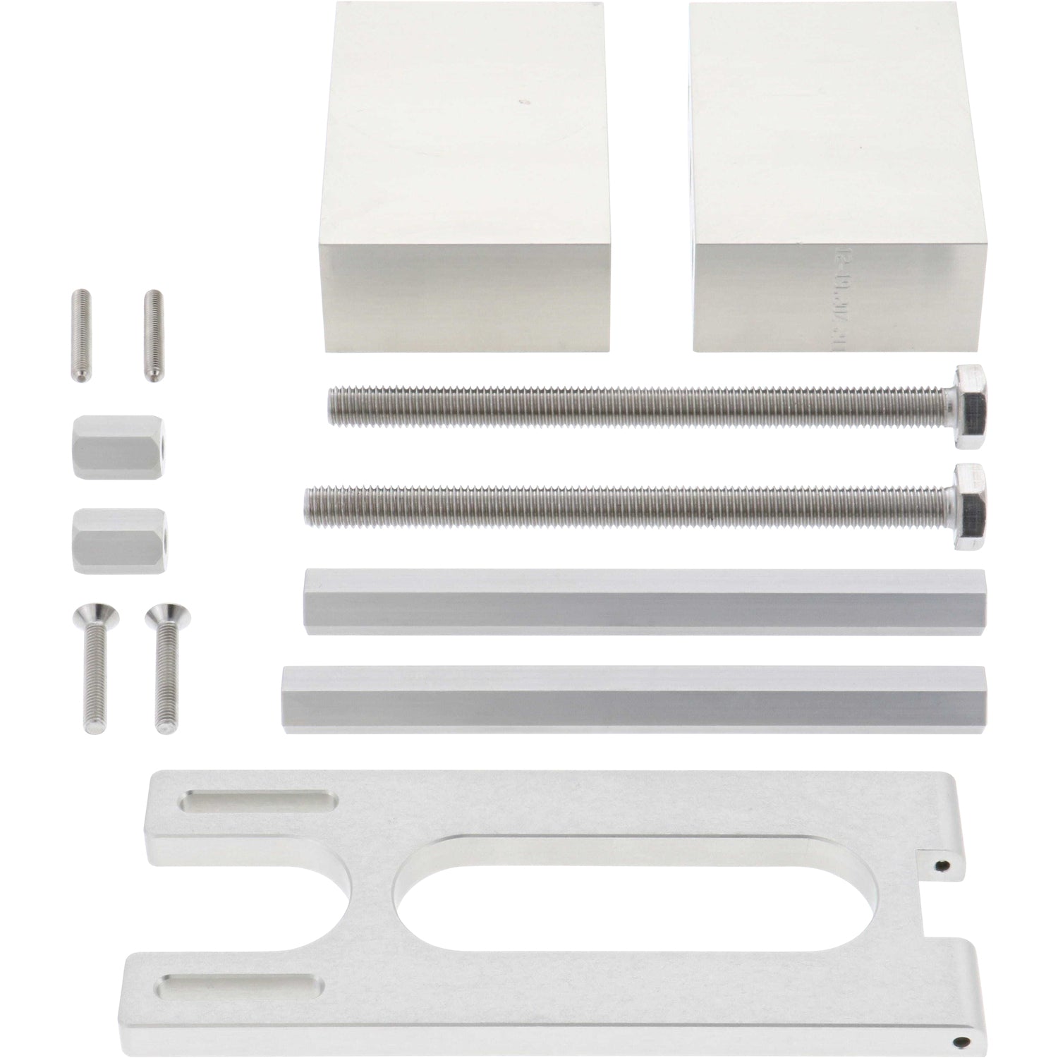 An assortment of small parts that include two hard anodized aluminum seamer blocks, four anodized aluminum threaded hexagonal standoffs, six stainless steel fasteners and one hard anodized aluminum sensor mounting bracket. All parts are shown on a white background