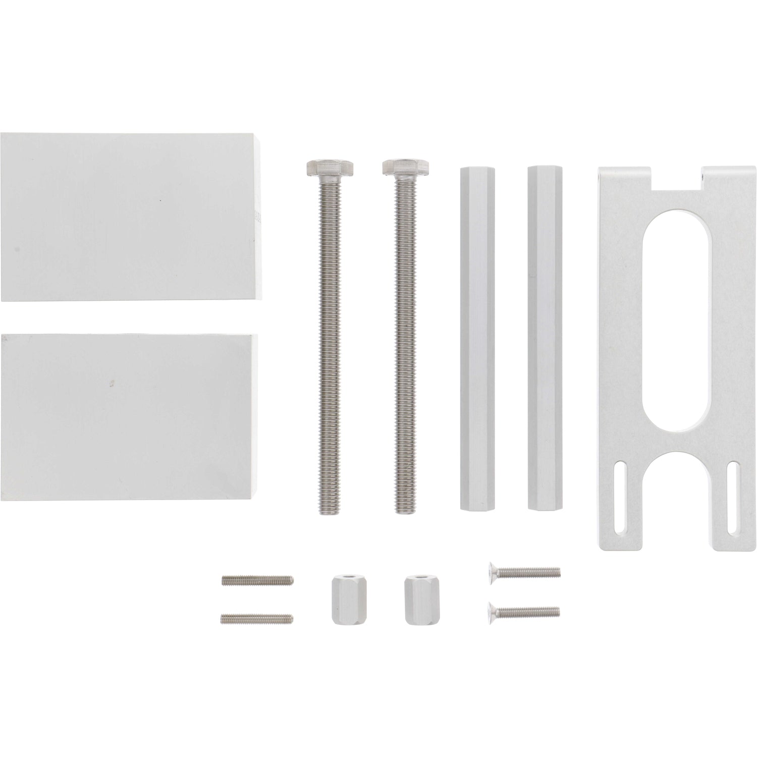 An assortment of small parts that include two hard anodized aluminum seamer blocks, four anodized aluminum threaded hexagonal standoffs, six stainless steel fasteners and one hard anodized aluminum sensor mounting bracket. All parts are shown on a white background