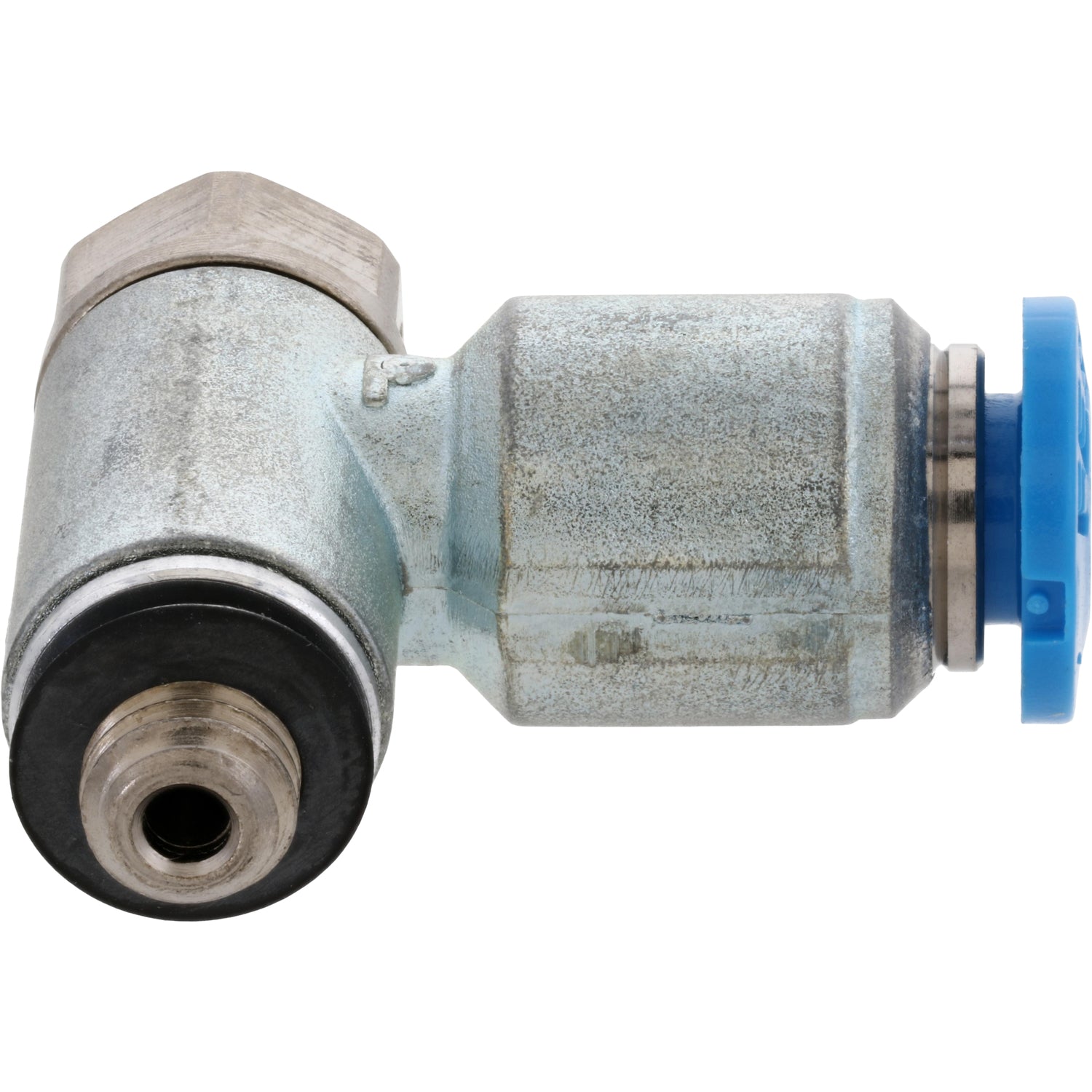 One-way flow control valve with blue press connect collar and exposed threads. Part shown on white background.