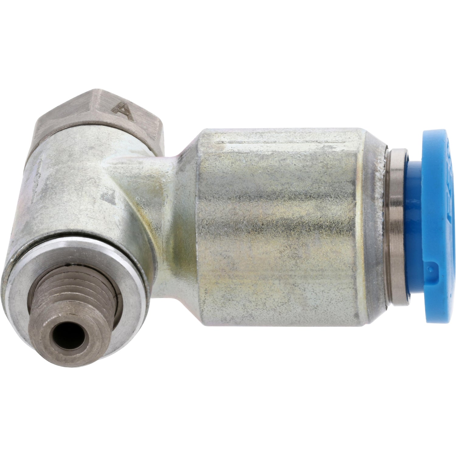 One-way flow control valve with blue press connect collar and exposed threads. Part shown on white background.