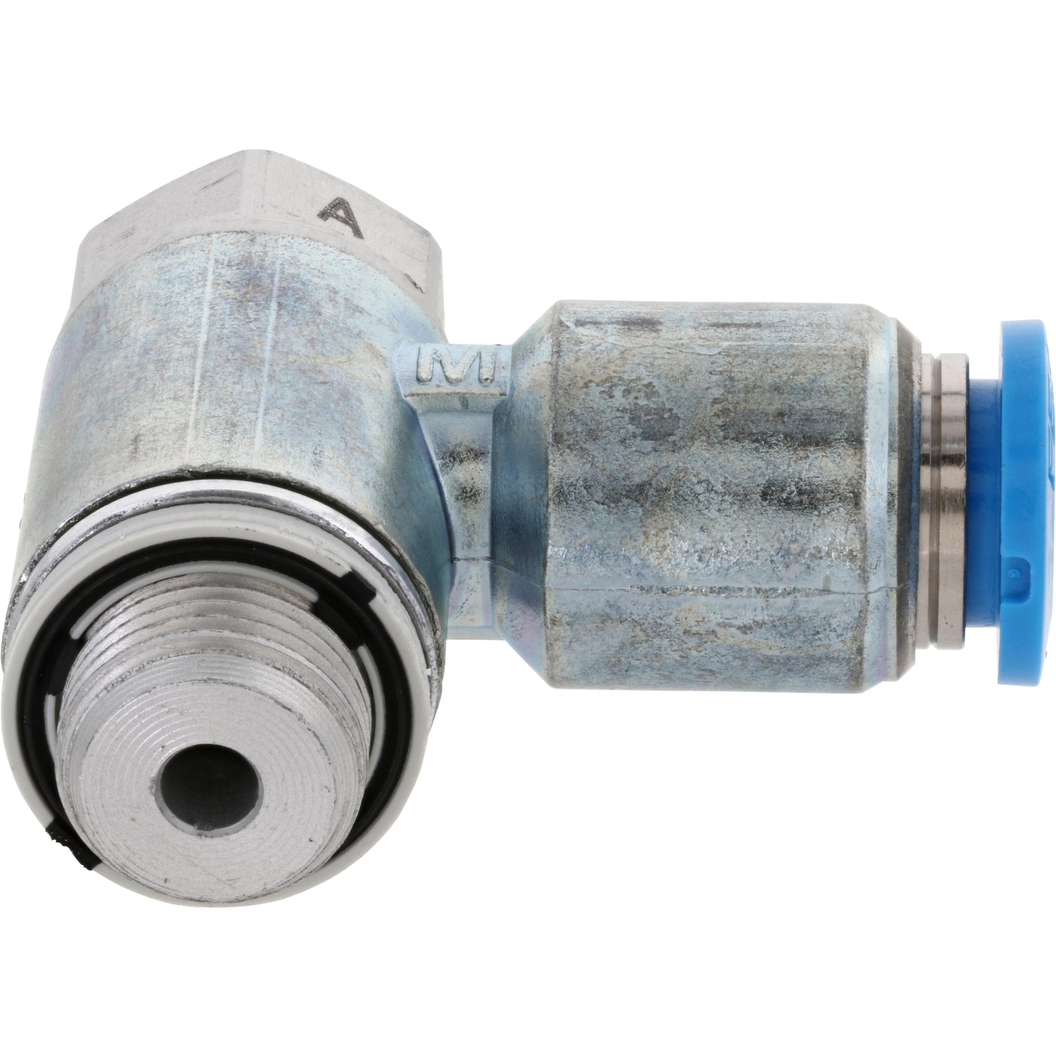 One-way flow control valve with blue press connect collar and exposed threads. Part shown on white background.