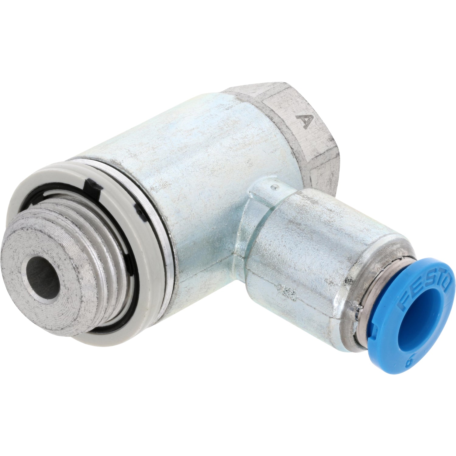 One-way flow control valve with blue press connect collar and exposed threads. Part shown on white background. 