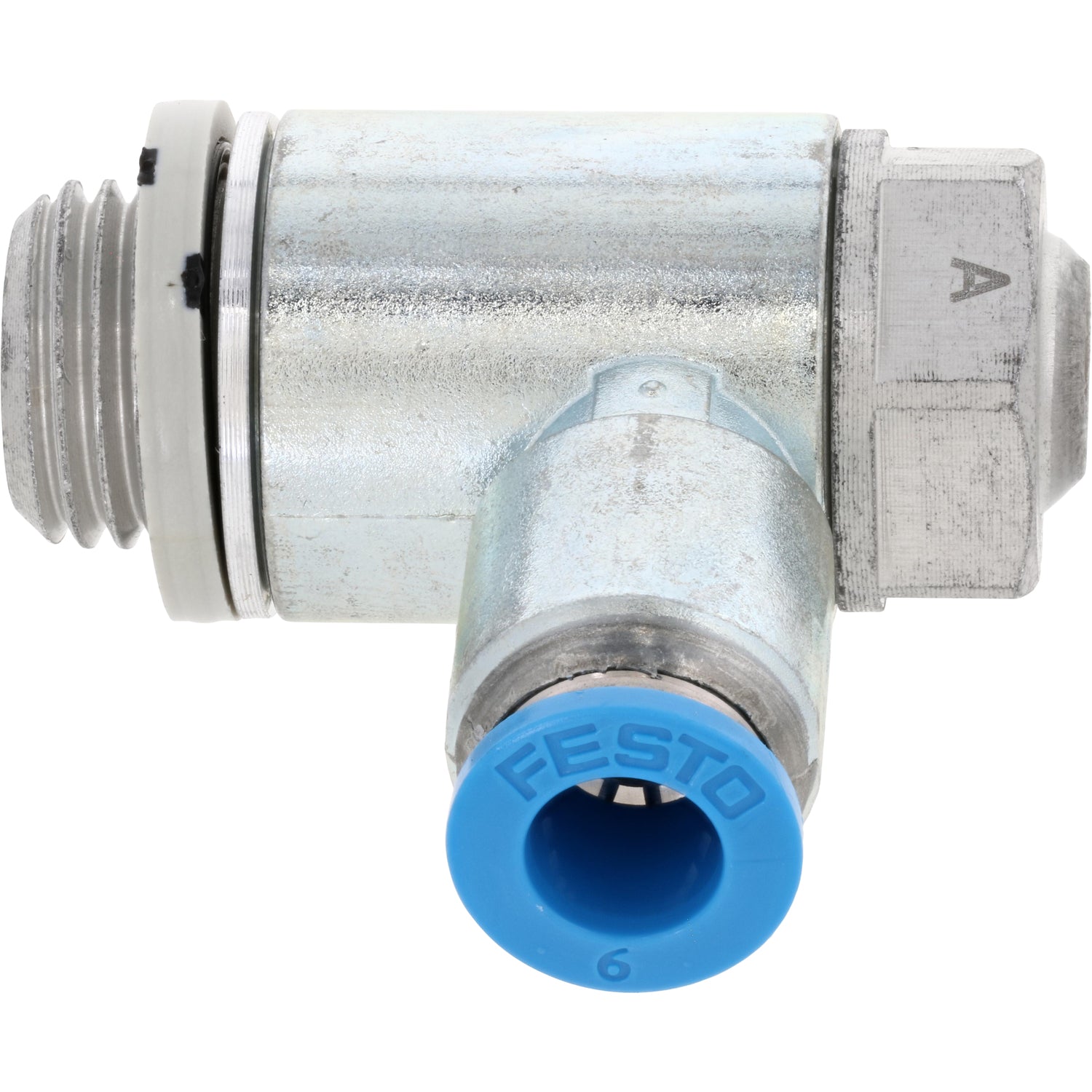 One-way flow control valve with blue press connect collar and exposed threads. Part shown on white background. 