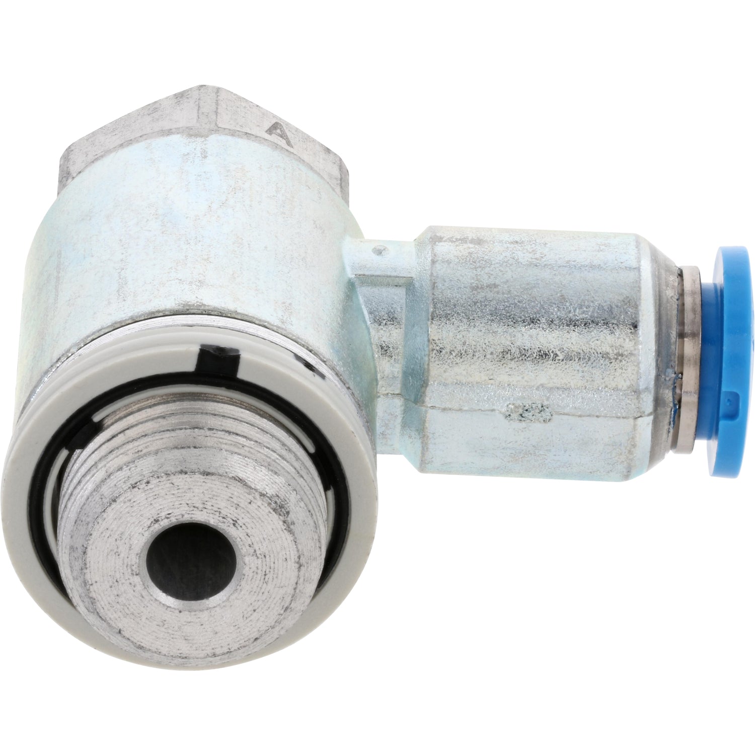 One-way flow control valve with blue press connect collar and exposed threads. Part shown on white background. 