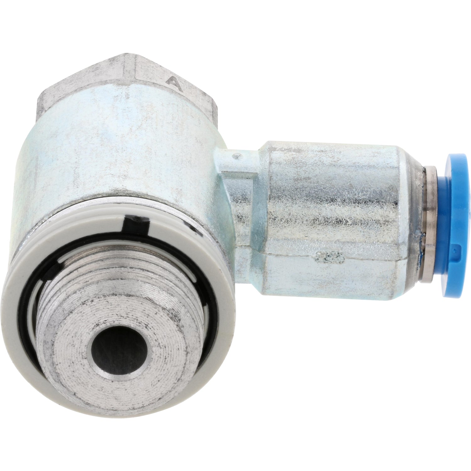 One-way flow control valve with blue press connect collar and exposed threads. Part shown on white background. 